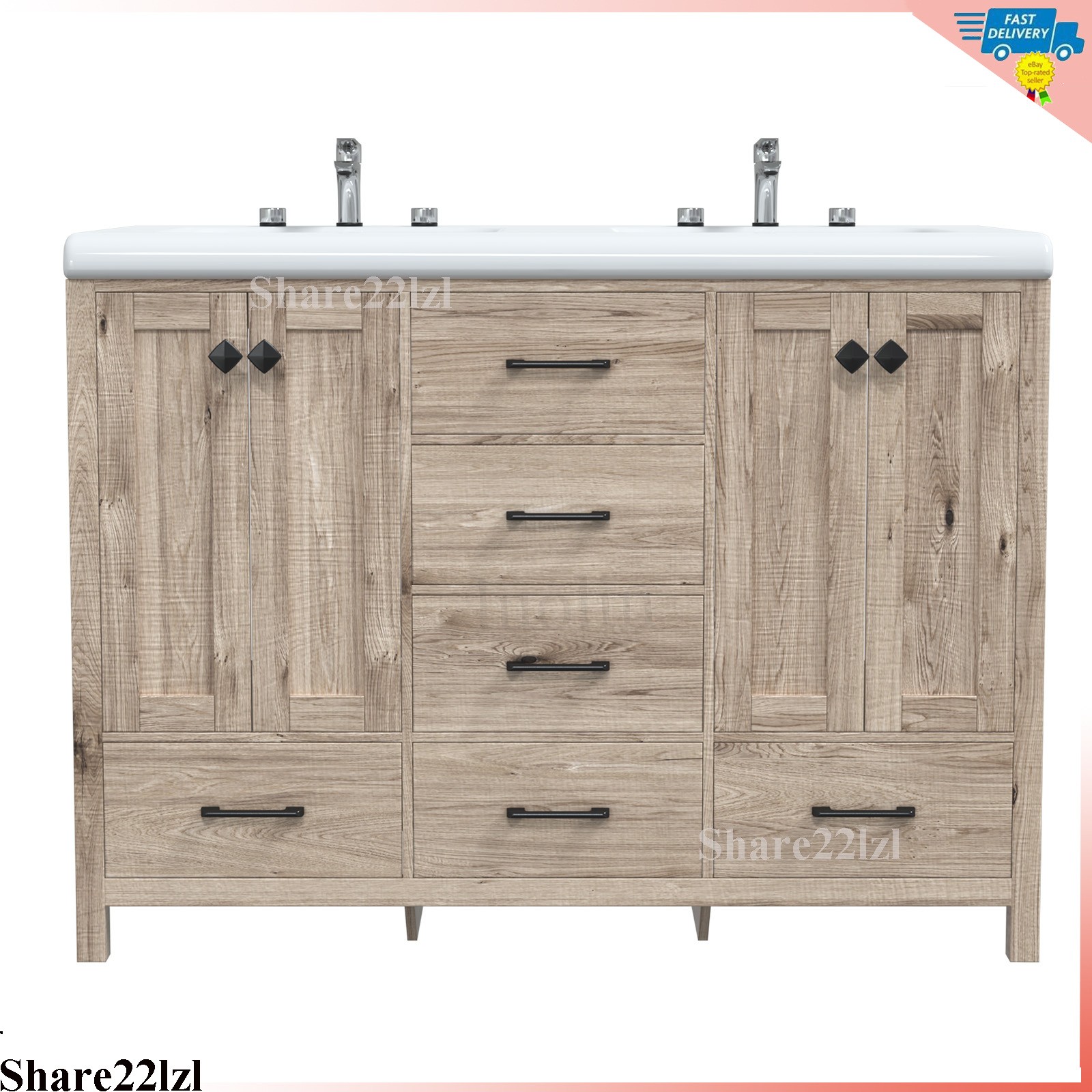 47″ Bathroom Vanity Set Double Sink Ceramic Freestanding Wood Cabinet w/ Drawers