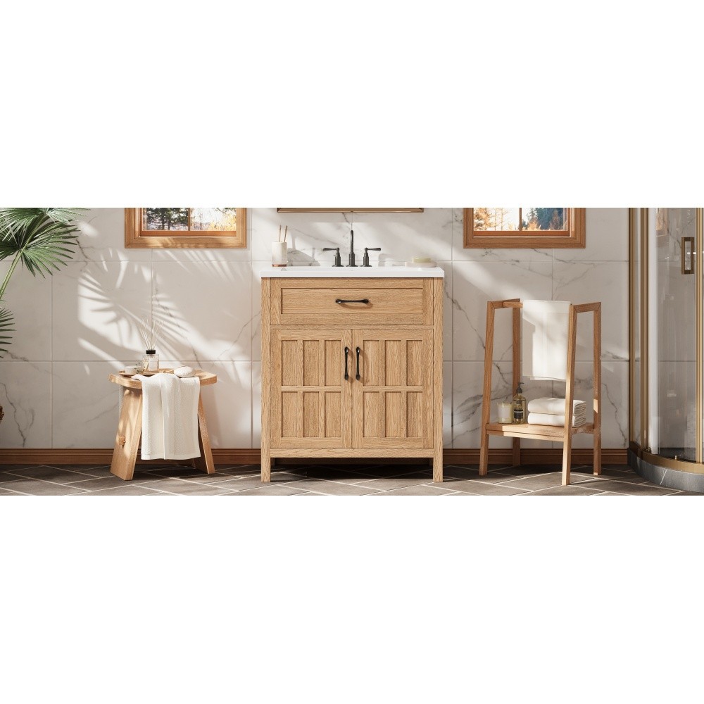 30″ Bathroom Vanity Resin Sink, Solid Wood, Adjustable Shelf & Door Organizers