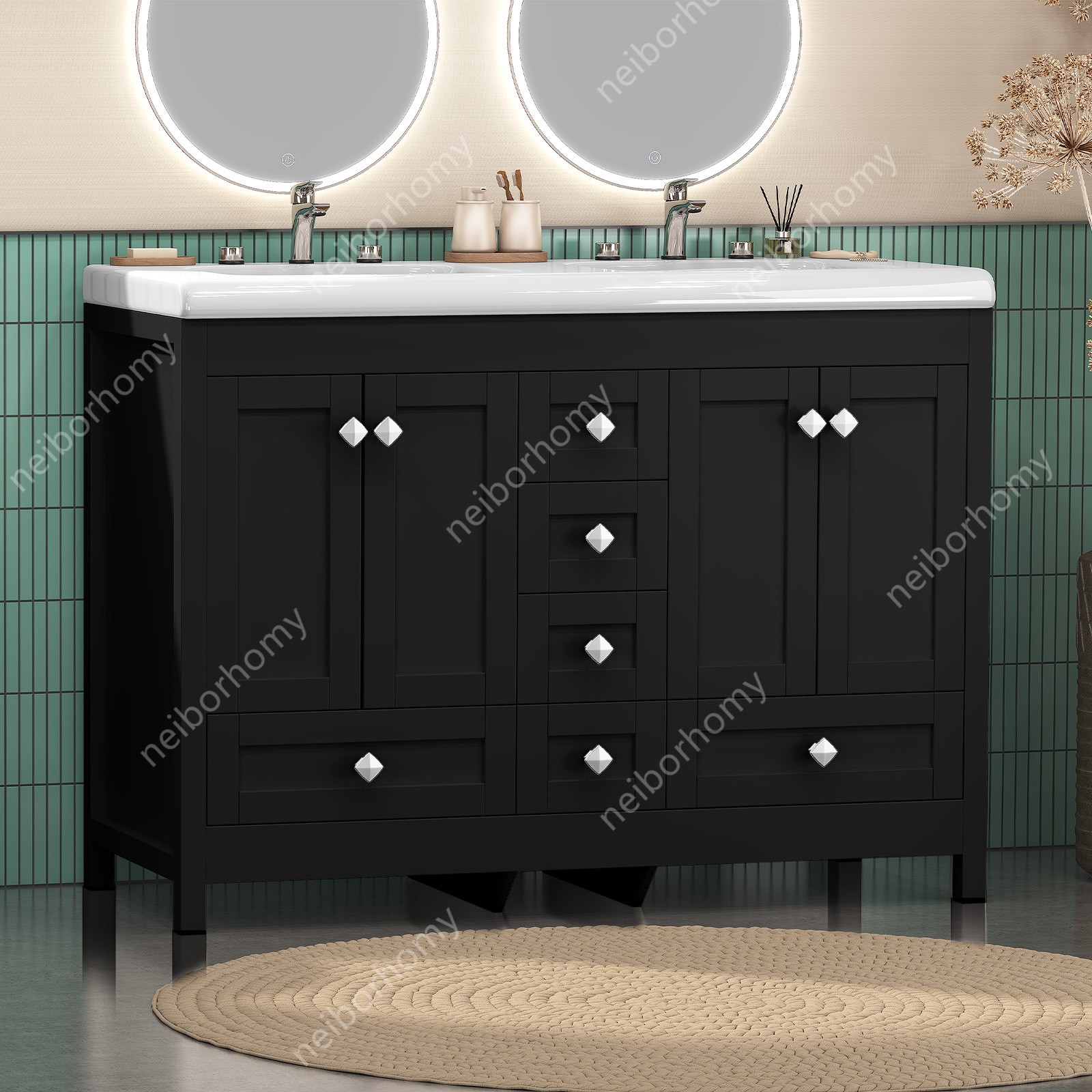 47″ Bathroom Vanity Cabinet with Double Sink Ceramic and 5 Drawers Freestanding