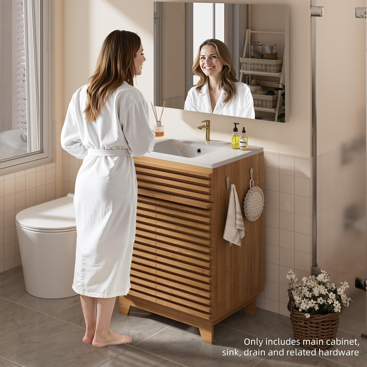 VNN 24″ Natural Oak Fluted Vanity w/ Ceramic Sink Soft-Close Doors Shelves