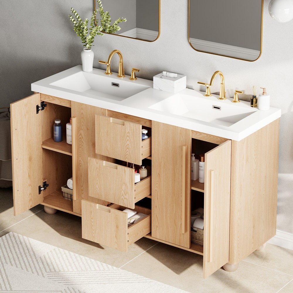 59″ Bathroom Vanity w/Double Sink,Freestanding Vanity Cabinet, 3 Drawers, 4 Door