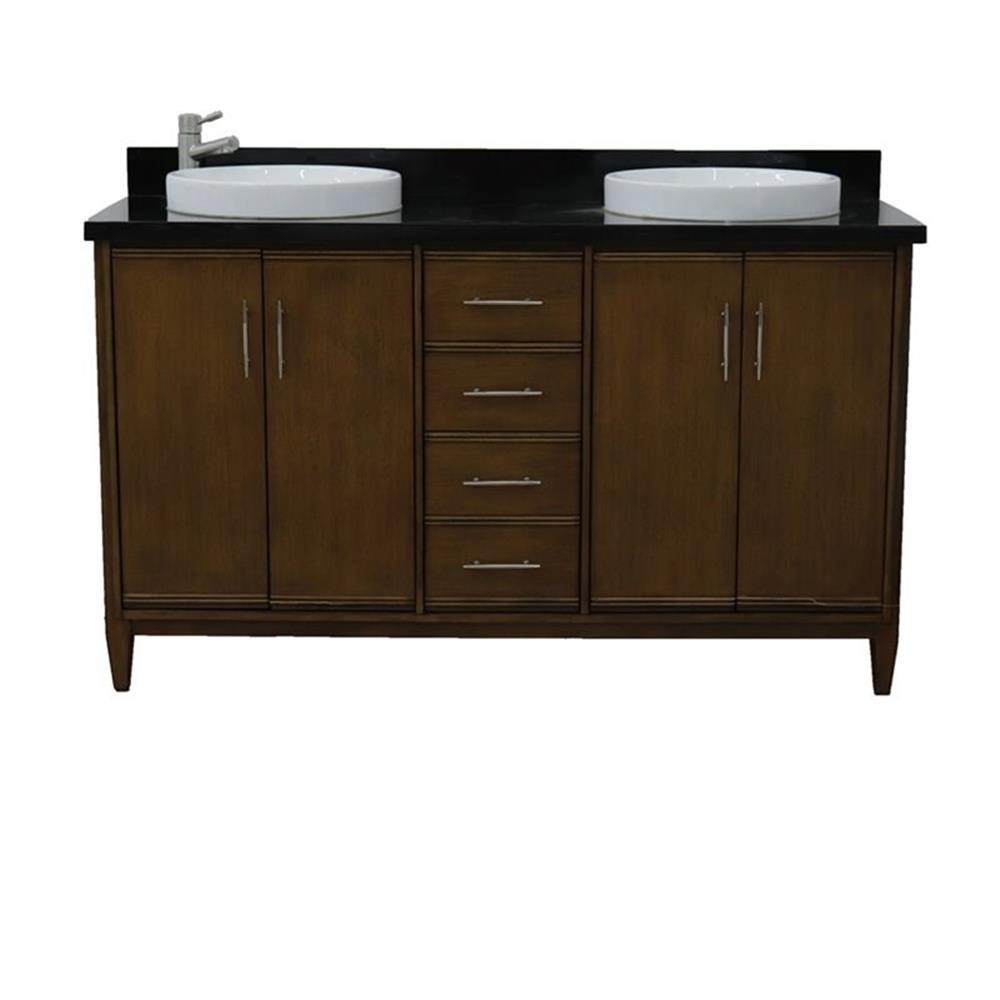 Pemberly Row 61″ Double Round Sink Vanity with Black Granite Stone in Walnut