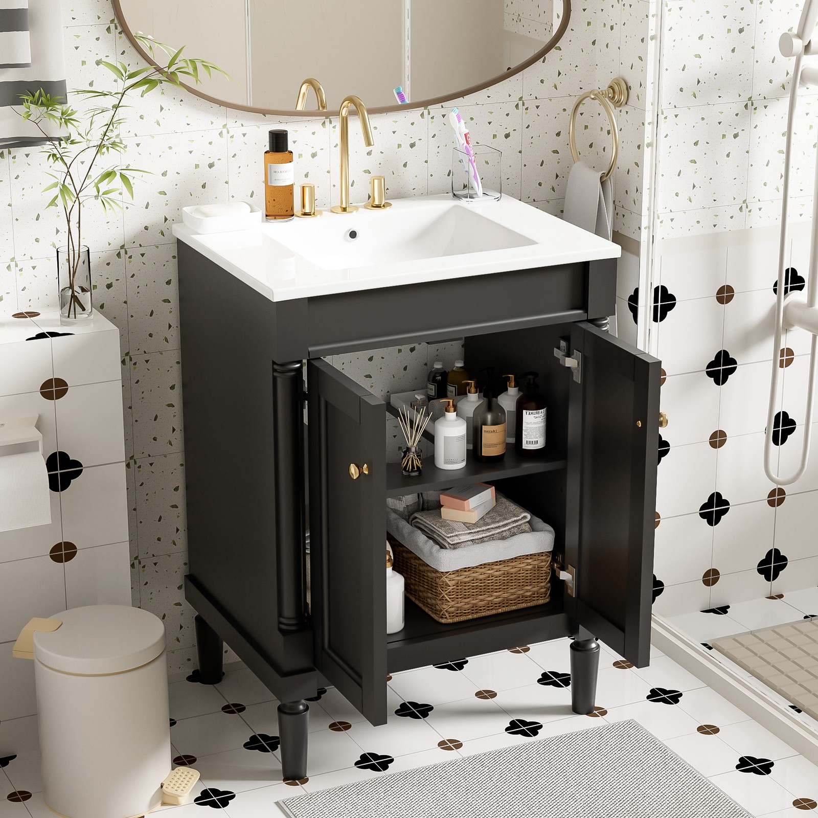 24″ Bathroom Vanity with Sink, Modern 2-Tier Storage Cabinet, Black