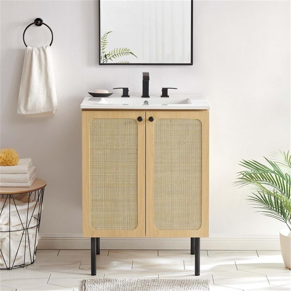 Pemberly Row 24″ Wood & Rattan Bathroom Vanity Cabinet in Oak