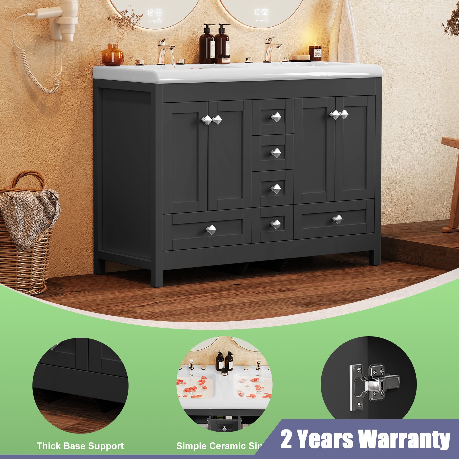 Bathroom Vanity Freestanding Double Basin Ceramic Sink Vanity Cabinet Drawers
