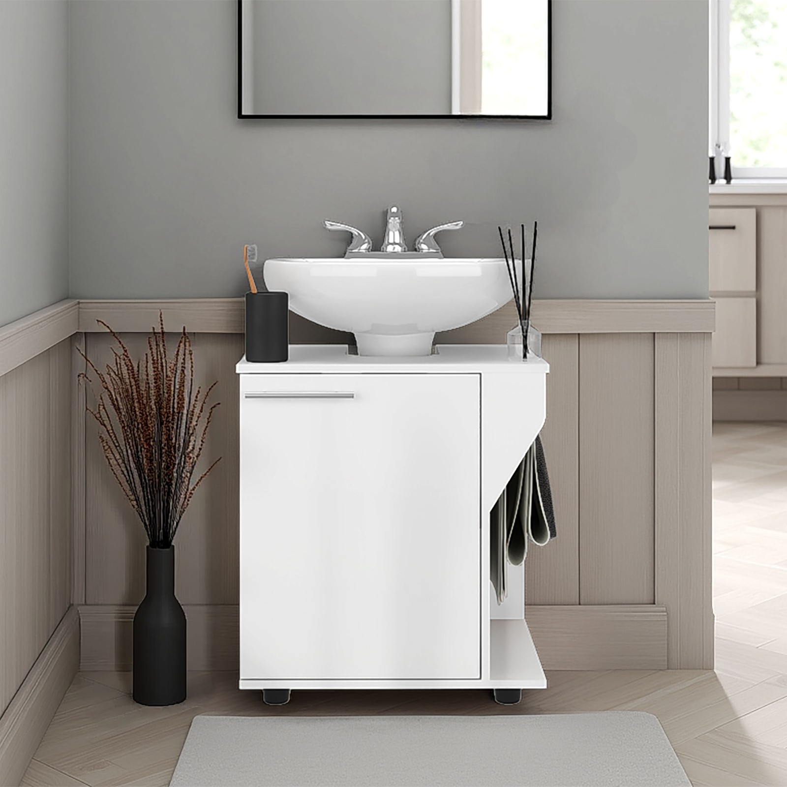 Under Sink Storage 24.4″ H, 1 Door, 2 Shelves, 4 Legs, White – Bathroom