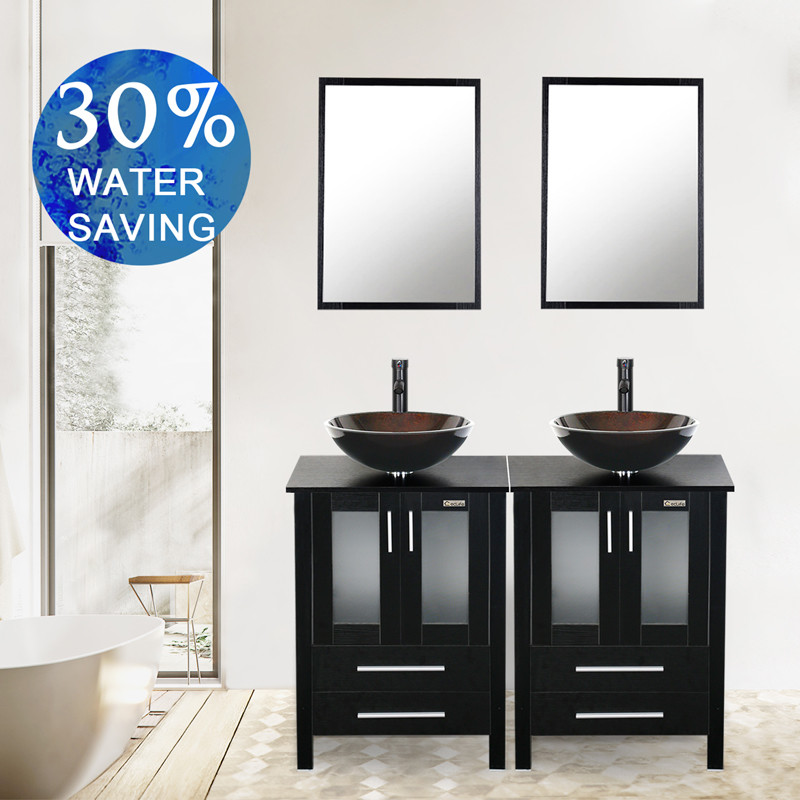 48″ Double Bathroom Vanity Cabinet Set Black Vessel Glass Sink Combo No Mirror