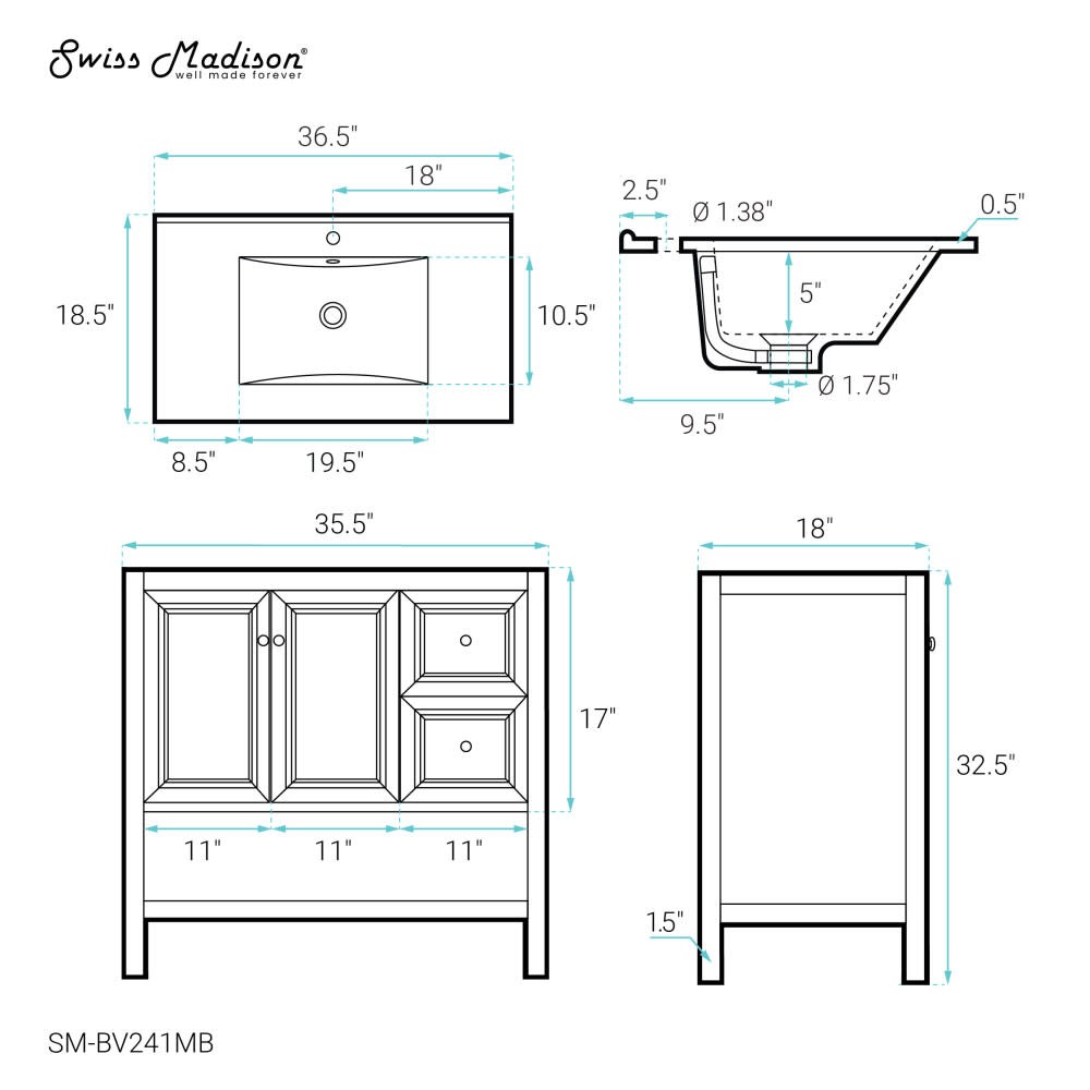 Swiss Madison SM-BV241MB Chateau 36″ – Golden Oak / Matte Black