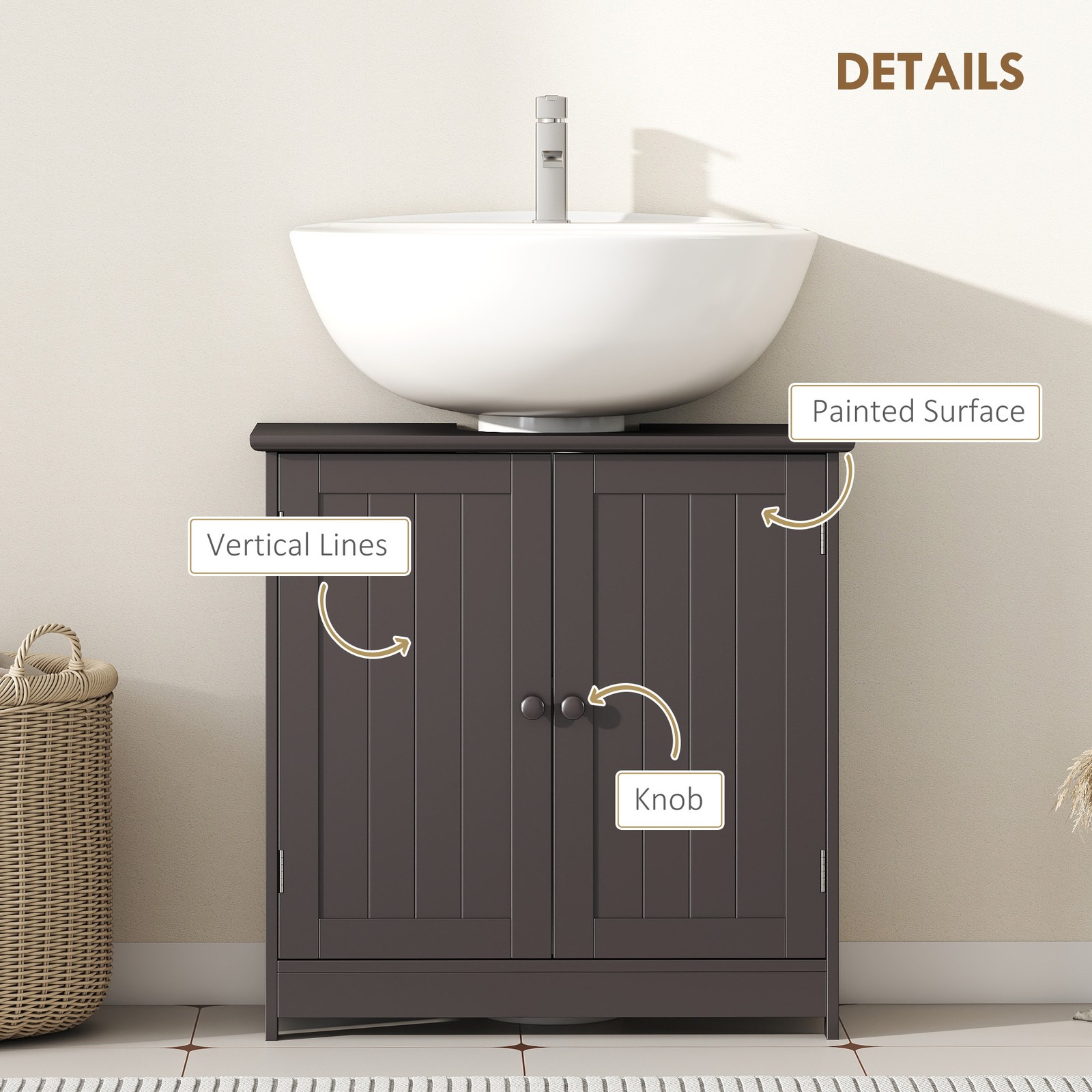 Under Sink Bathroom Cabinet with 2 Doors and Shelf, Coffee