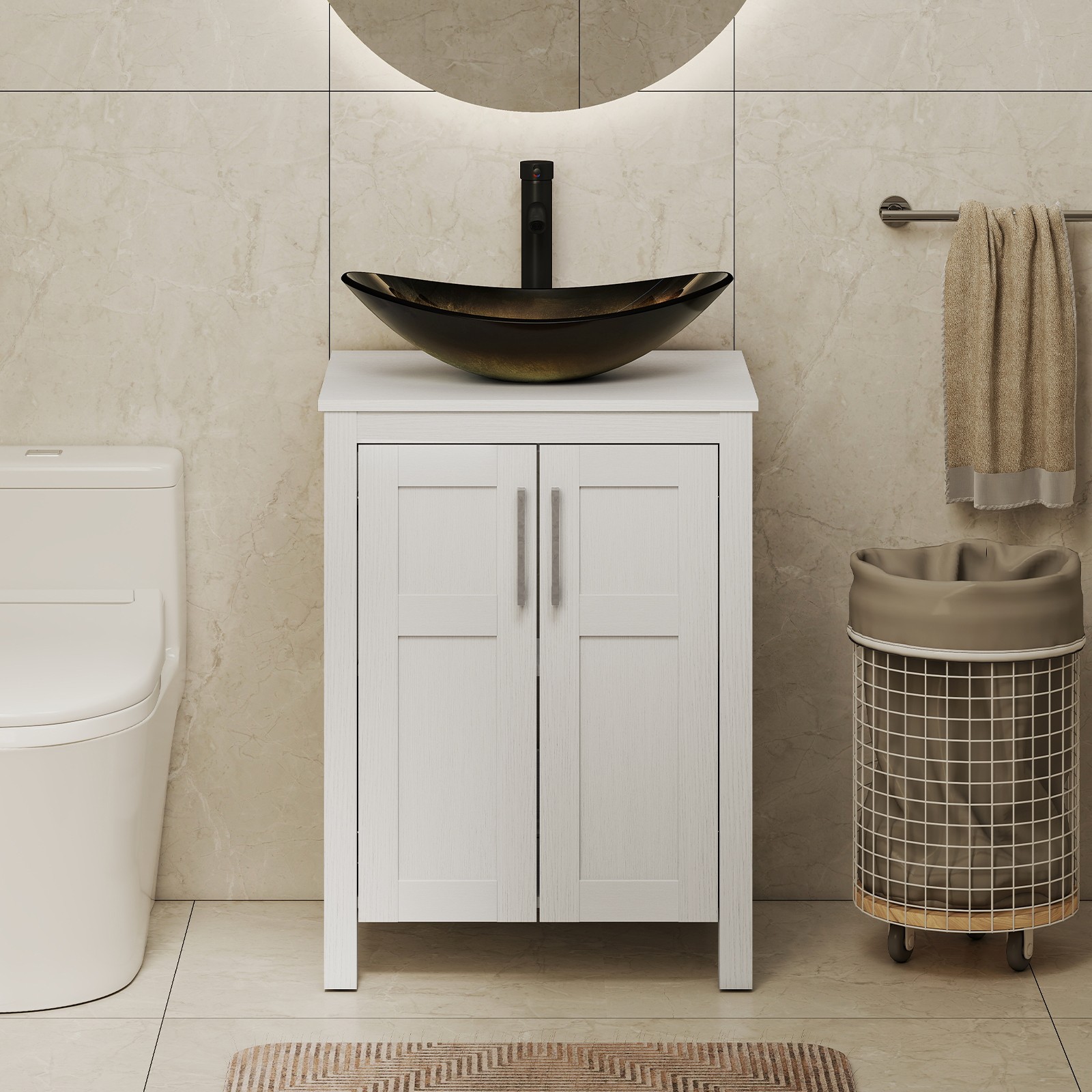 24″ Freestanding Bathroom Vanity White Cabinet Vessel Sink Faucet Pop Up Drain