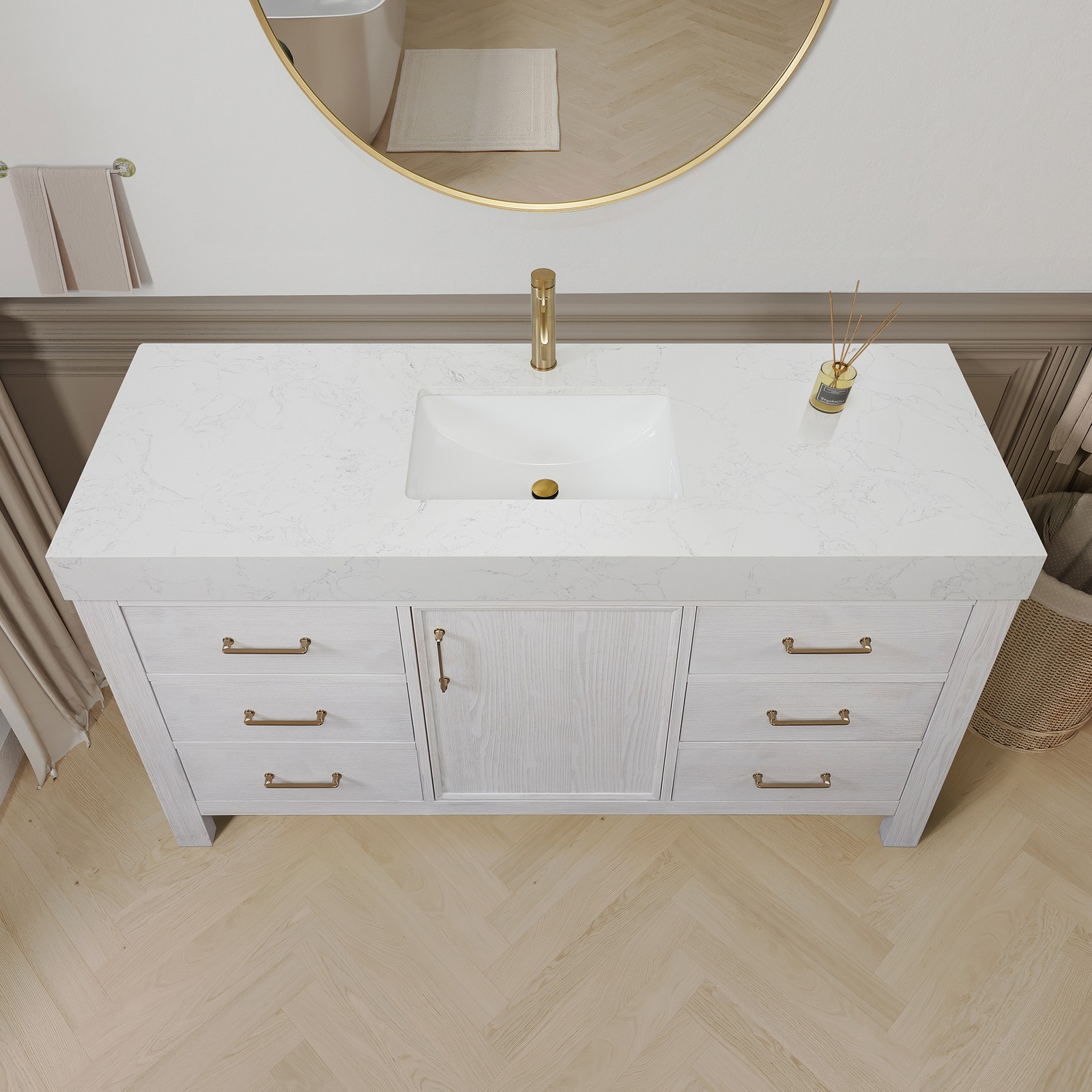 Leon 60″ Single Bathroom Vanity in Washed White w/ Composite in Lightning White