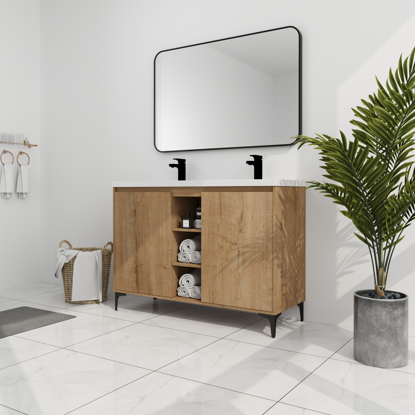 48inch Plywood Free Standing Bathroom Vanity With Double Sink W/ Shelf and Doors