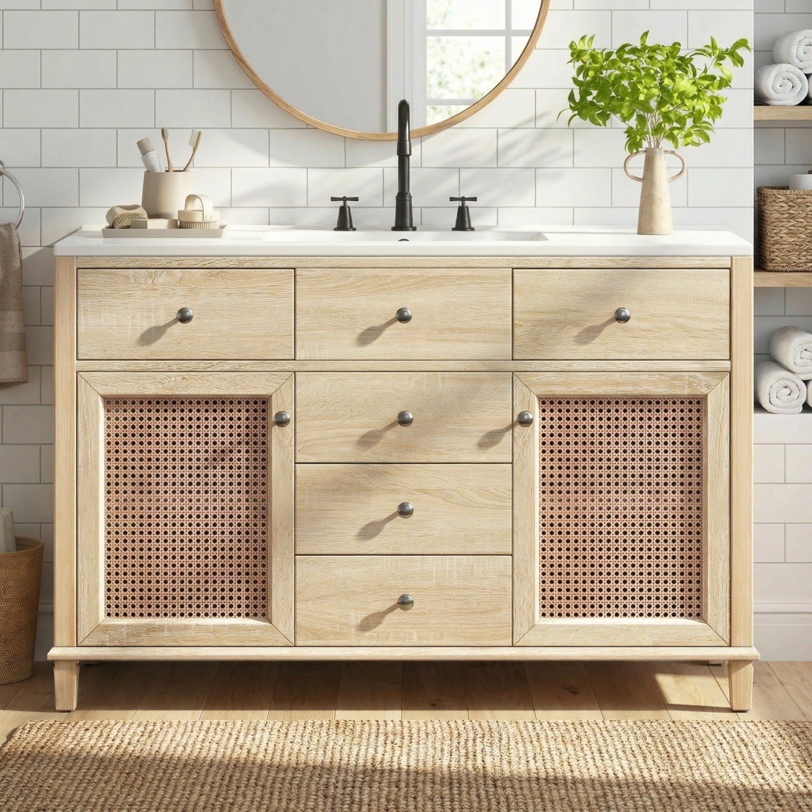 Natural Rattan Bathroom Vanity 48″/2 Cabinets/Sink & Solid Wood Frame Fre Ship