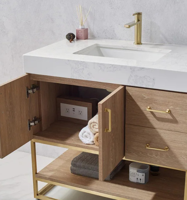 Single Vanity Stone Countertop North American Oak Wood Finish Metal Brown New