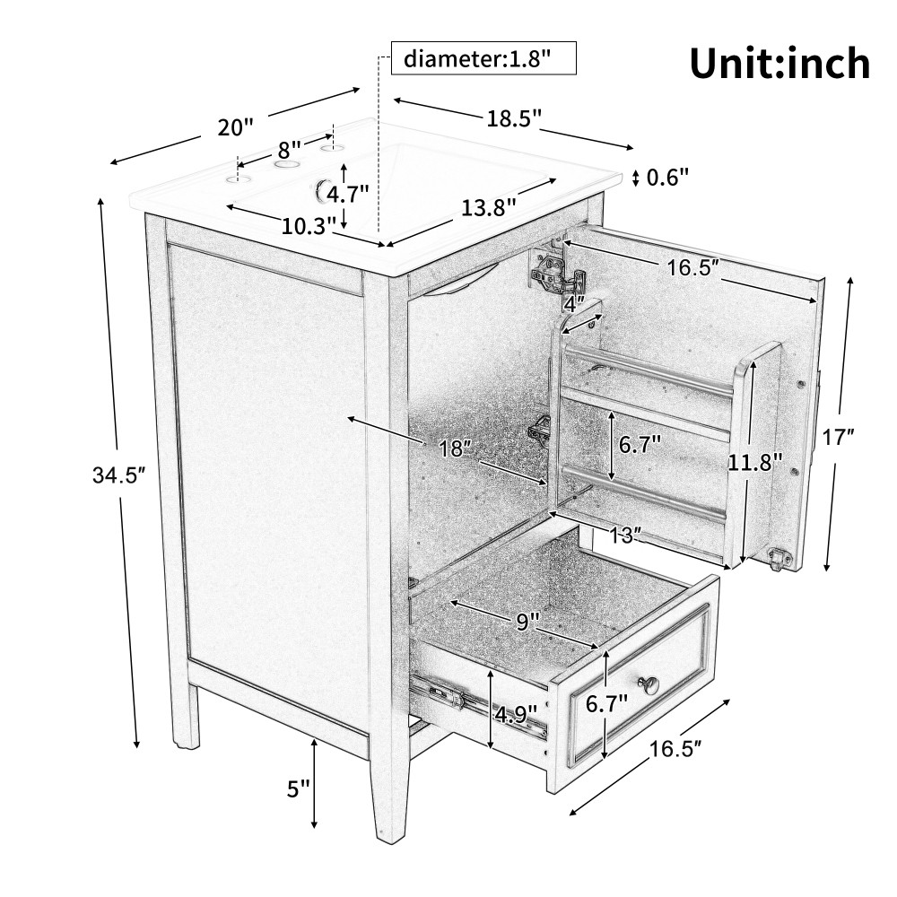 20″ Bathroom Vanity with Sink, Bathroom Cabinet with A Door, Door Shelf Storage