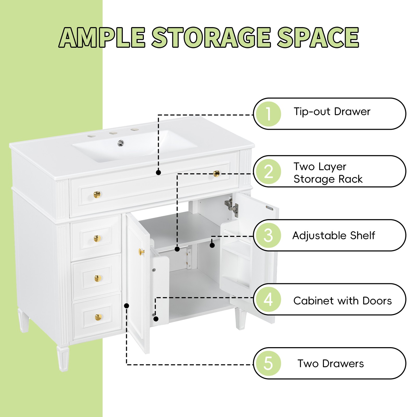 White 36 Inch Bathroom Vanity with Sink, Solid Wood Cabinet, Gold Handles