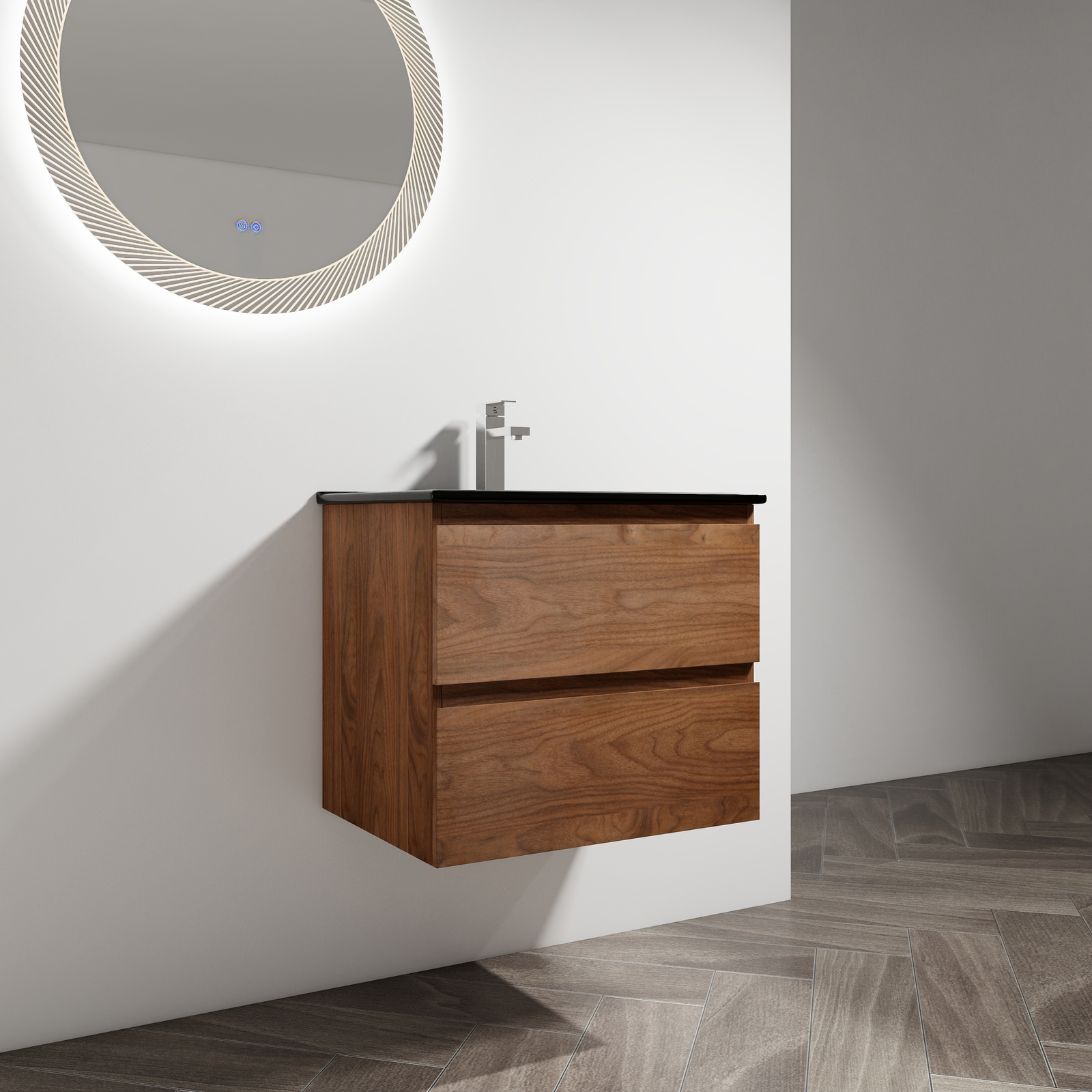 24in Wall Mounted Floating Cabinet Bathroom Vanity Cabinet 2 Drawers +Black Sink
