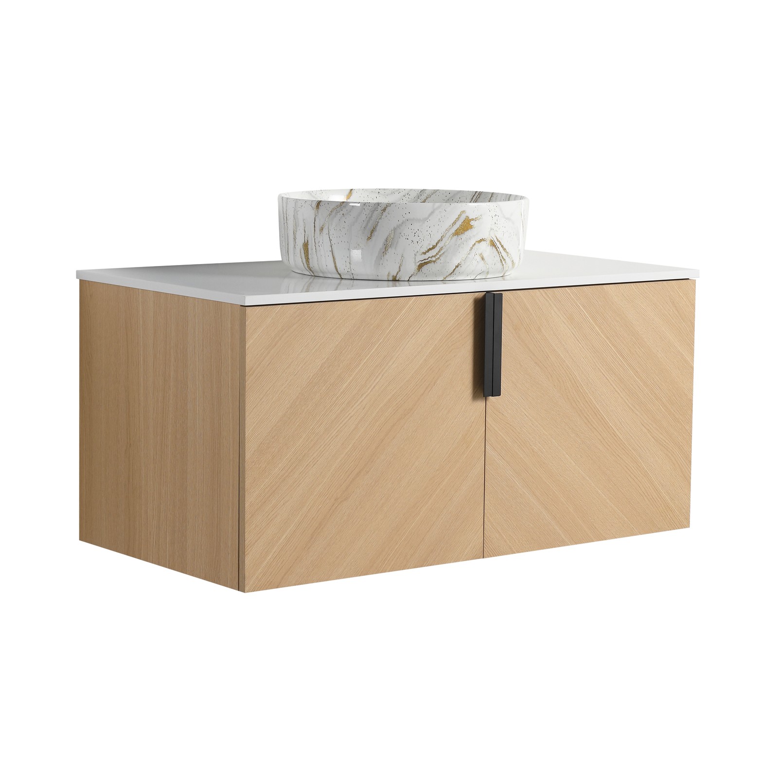36 in Wall-Mounted Bathroom Vanity W/ Ceramic Vessel Sink Artificial Stone Slab