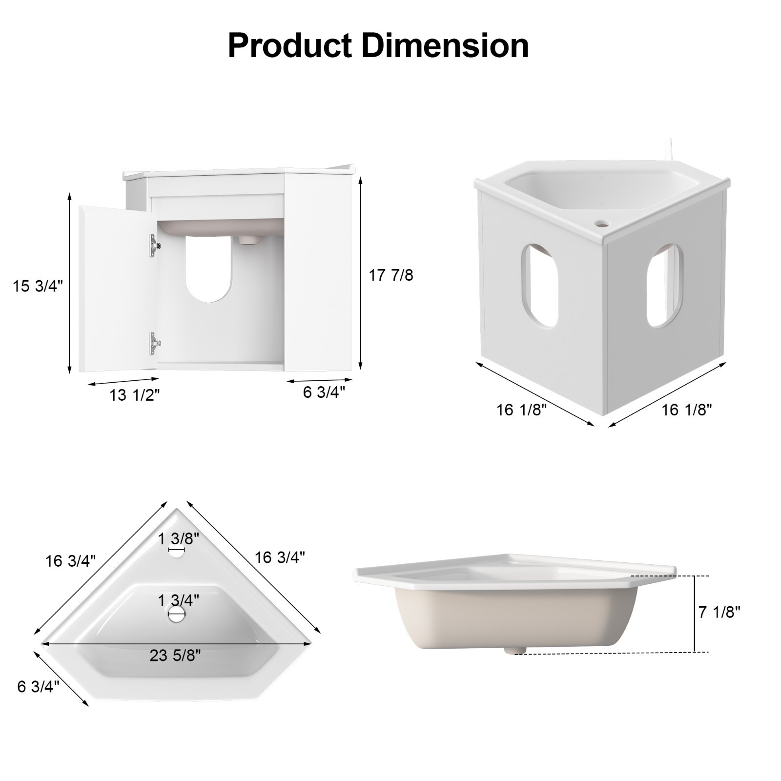 24″ Corner Bathroom Vanity Sink Cabinet Wall Mount Floating for Small Bathroom