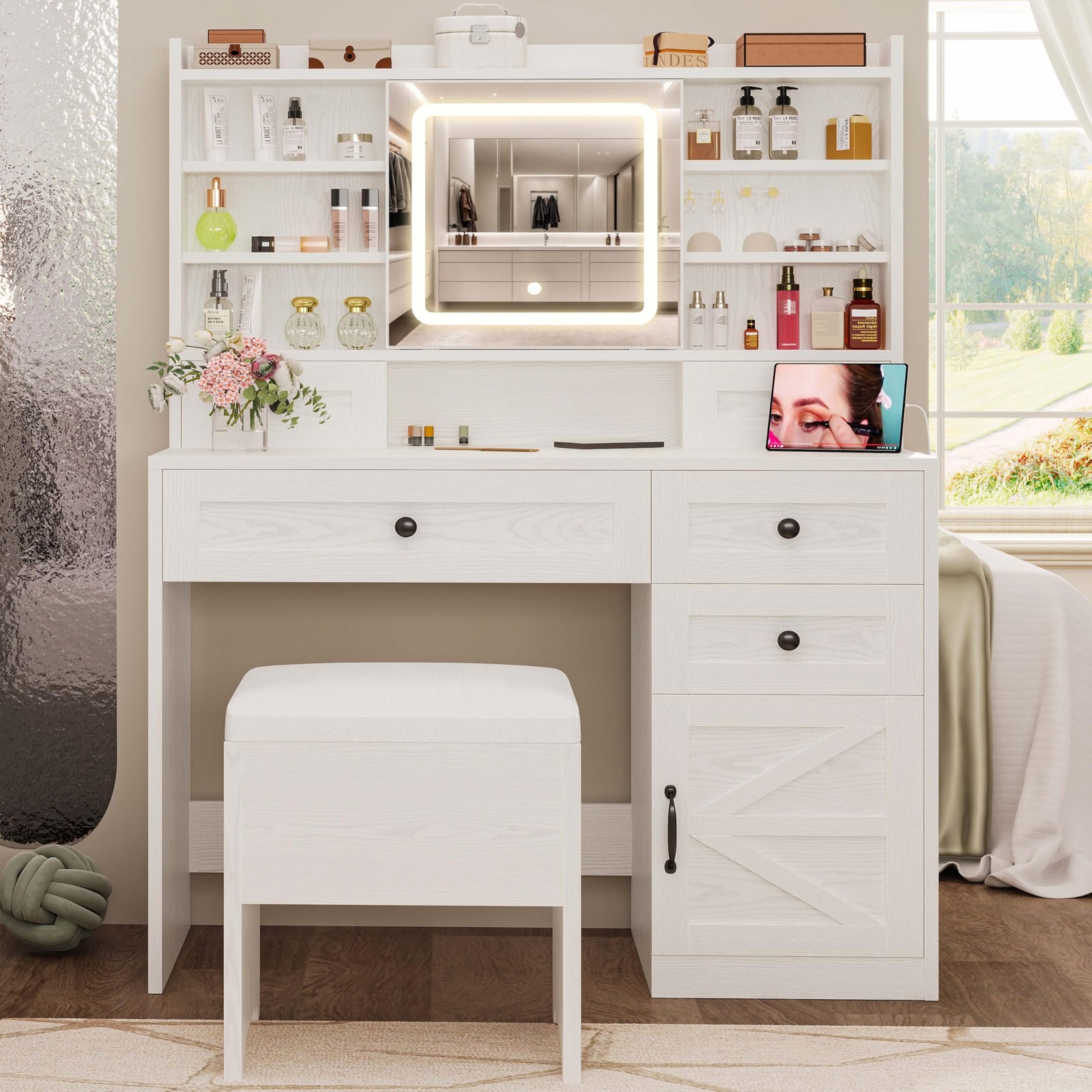 Vanity Desk LED Mirror 5 Drawers Cabinet Shelves Power Outlet Stool White