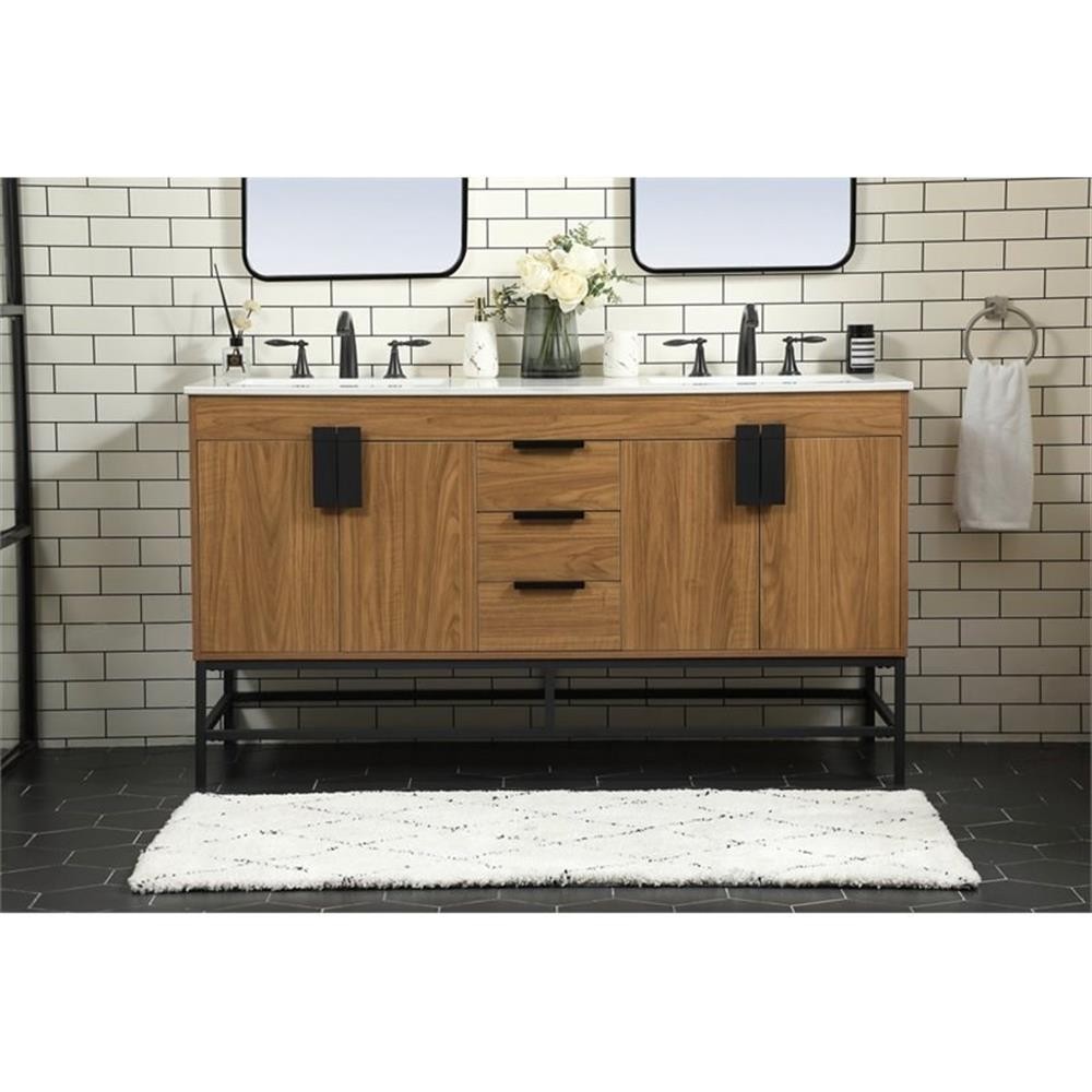 Pemberly Row 60″ Aluminum Alloy Iron Double Bathroom Vanity in Walnut