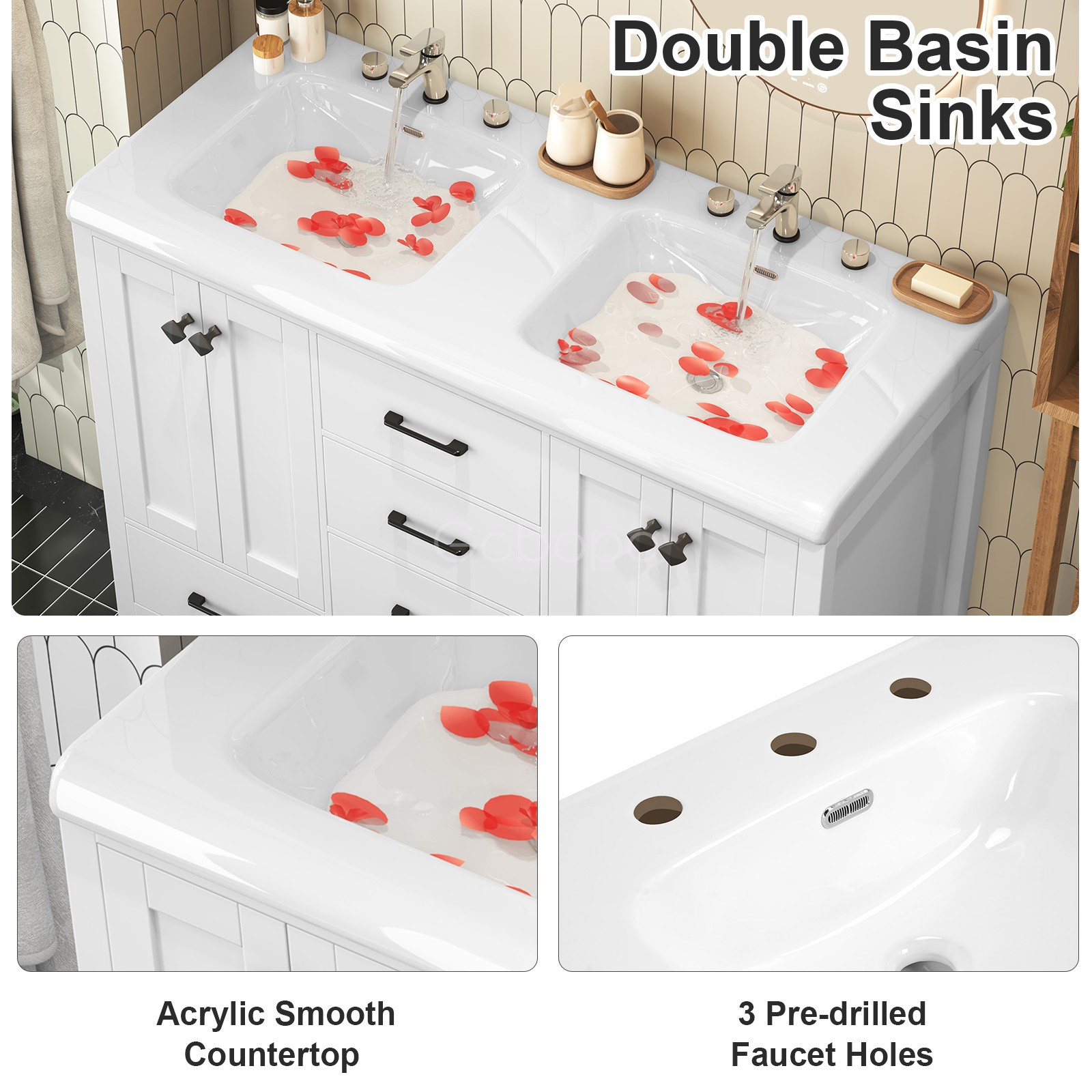 47″ Bathroom Vanity Wood Cabinet with Ceramic Double Sink Combo Set Freestanding