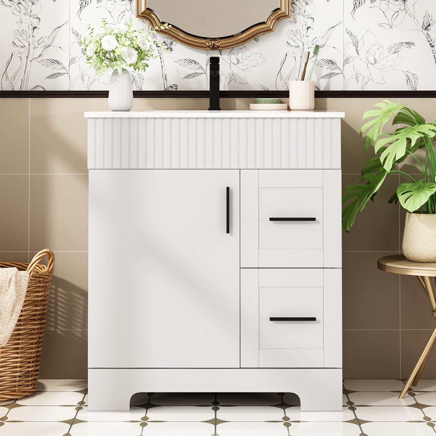 HOMMOW 30″ Single Bathroom Vanity With Ceramic Top And Faucet, Bathroom Vanity