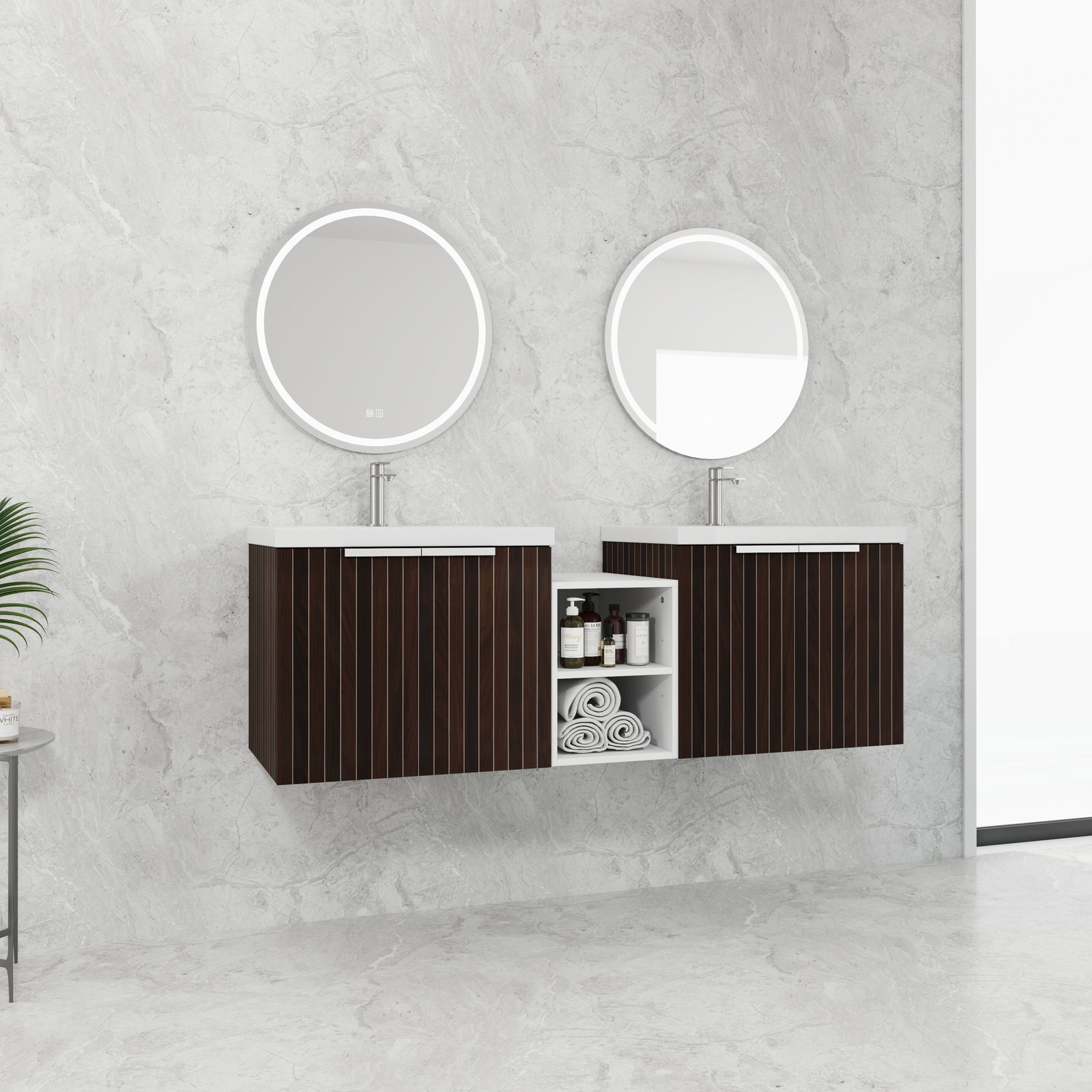 60″ Wooden Floating Bathroom Vanity with Dual Sink Basin Doors /Storage Shelves