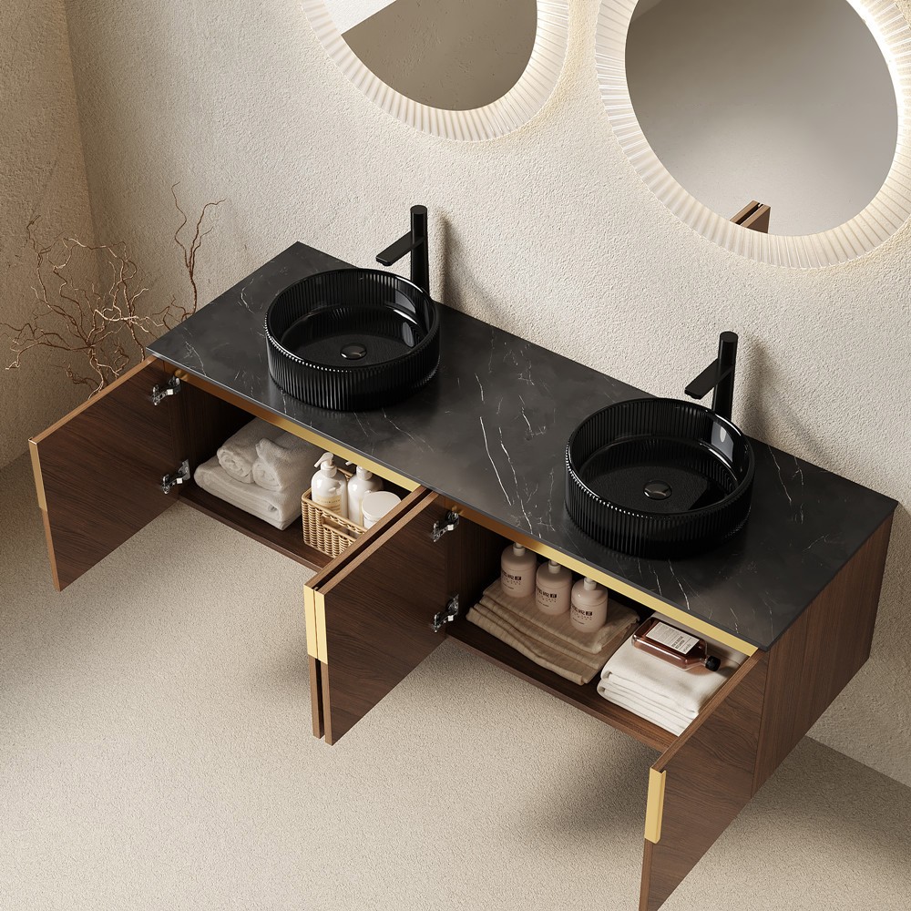 60″ Wall Mounted Bathroom Vanity w/Double Sink, Floating Vanity Cabinet, 4 Doors