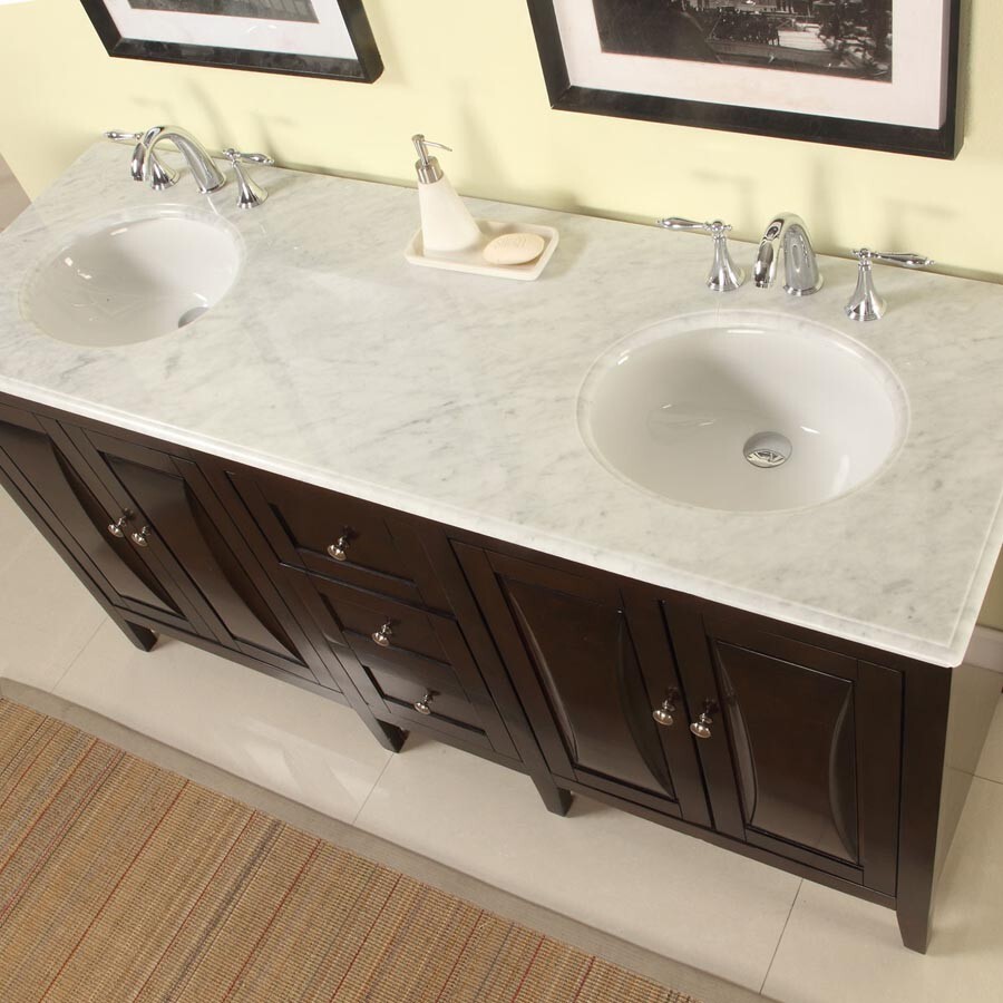 68in Silkroad Exclusive FS-0269-WM-UWC-68 Double Carrara Marble D. Walnut Vanity