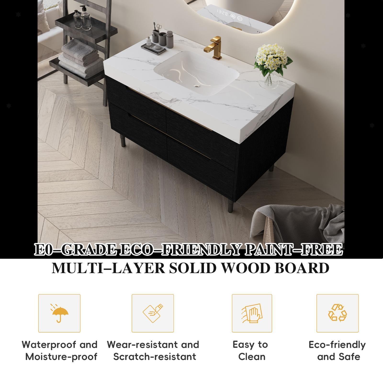 Undermount Ceramic Sink Bathroom Vanity Four Drawer Solid Wood Cabinet Stone Top
