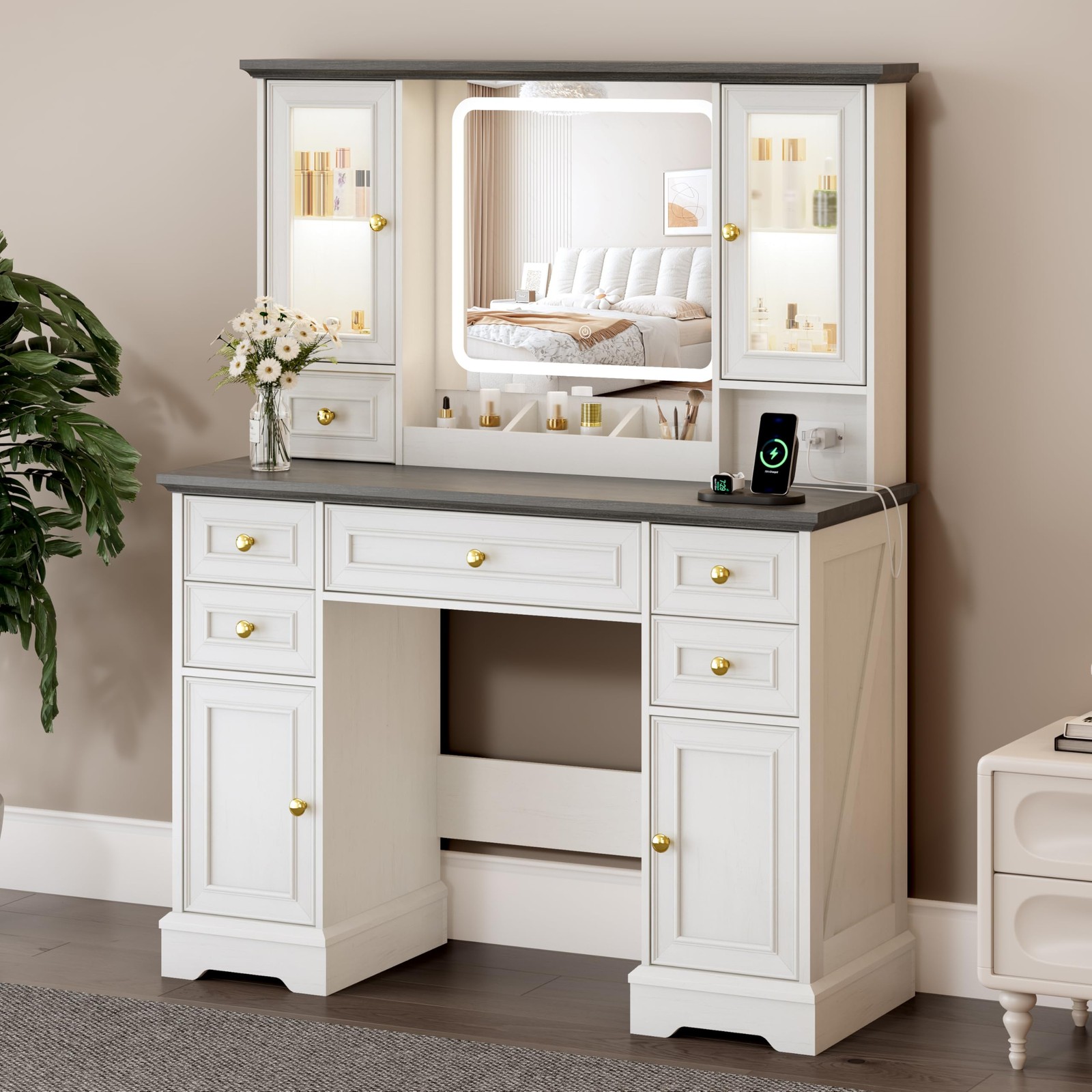 Farmhouse Vanity Desk with Mirror Lights Power Outlet USB 6 Drawers 4 Cabinets