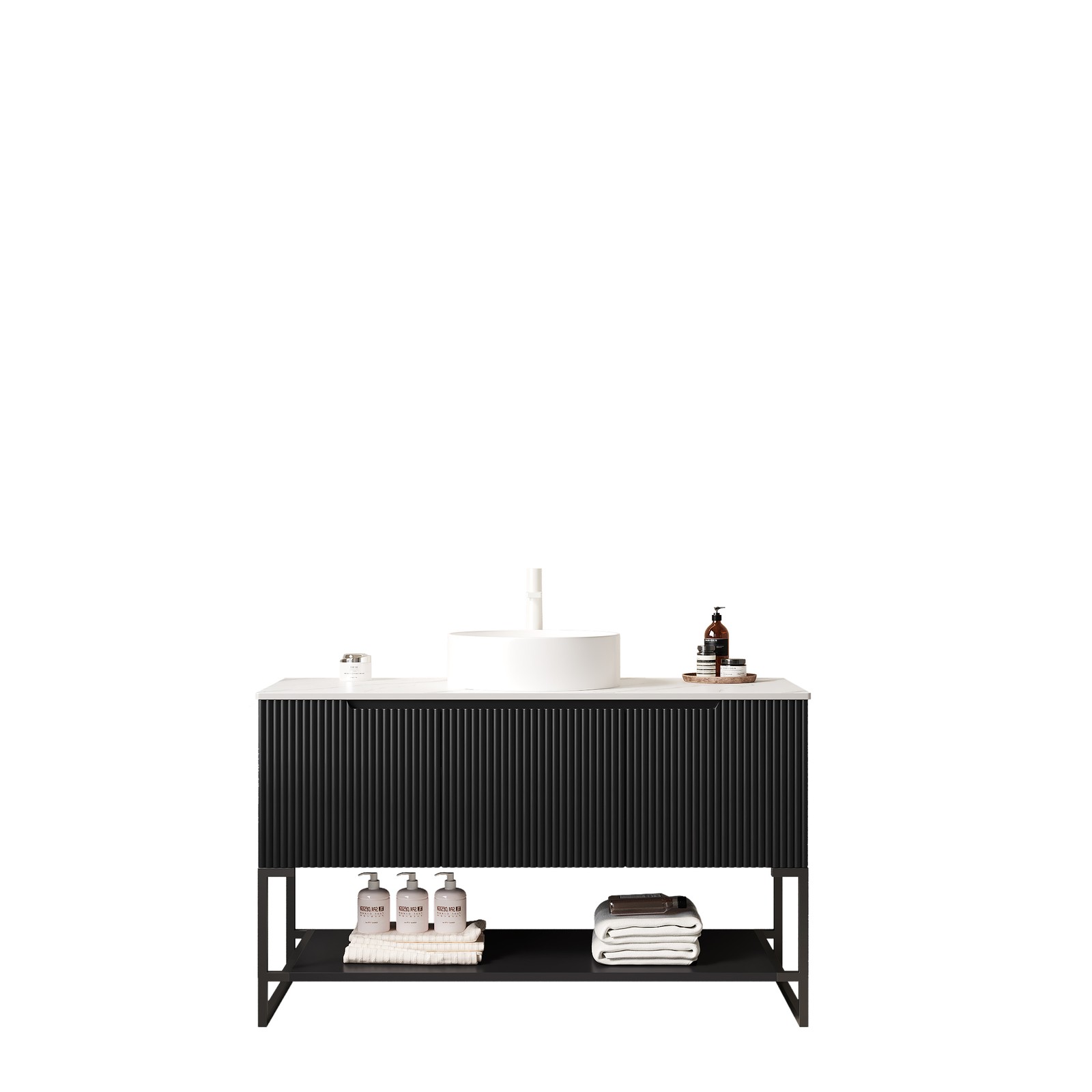 48″ Bathroom Vanity with Sink Vessel Basin Sintered Stone Countertop Black
