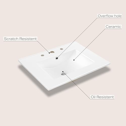 Classic Contemporary 24″ Rectangular Ceramic Sink Basin Vanity Top – 3-Hole, Whi