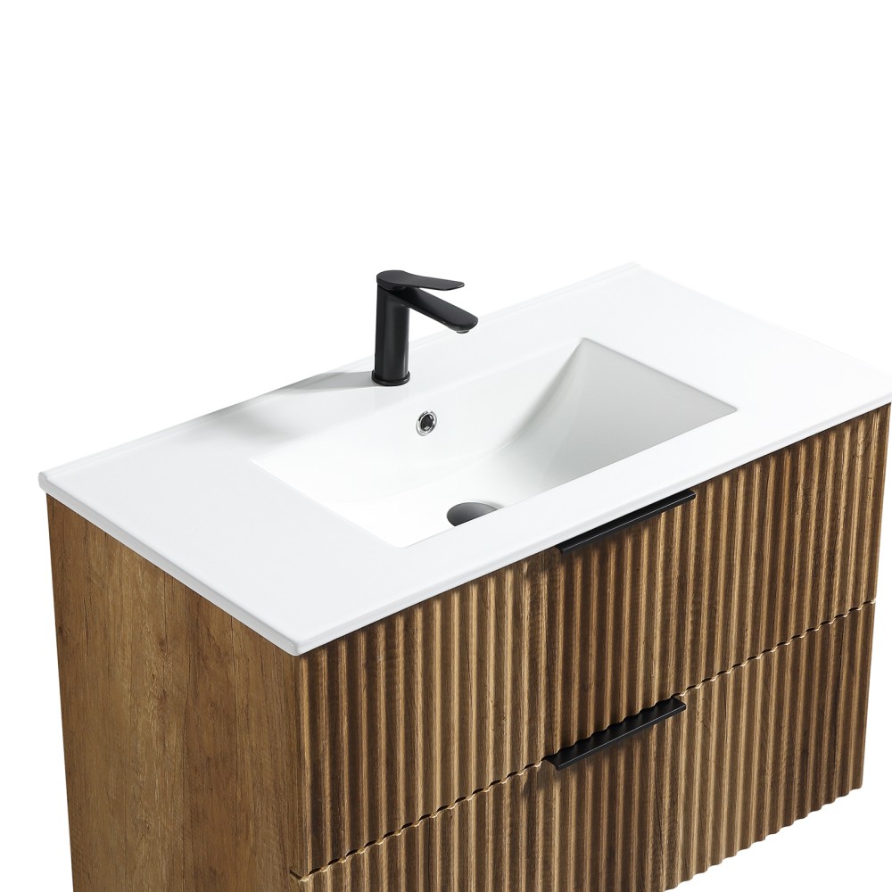 35.04 in Modern Golden Oak Floating Vanity with Ceramic Sink