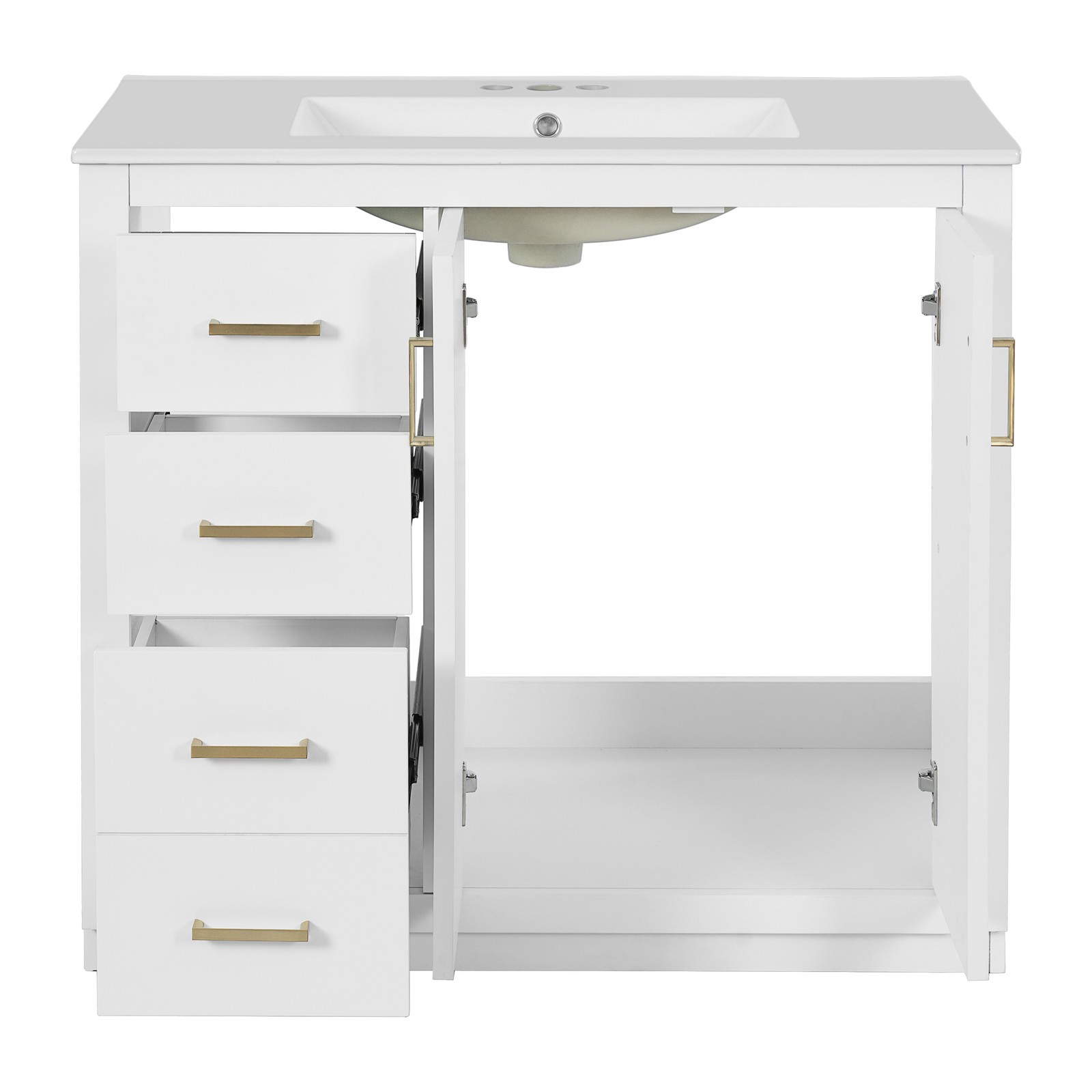 36″ Bathroom Vanity with Ceramic Sink, Solid Wood Frame, 3 Drawers & Doors