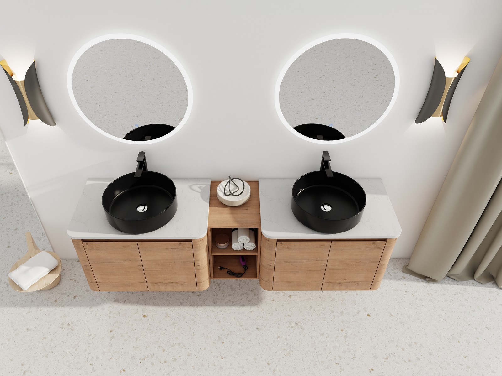 72” Wall-Mounted Bathroom Vanity Double Ceramic Black Vessel Sink 4 Doors Wood