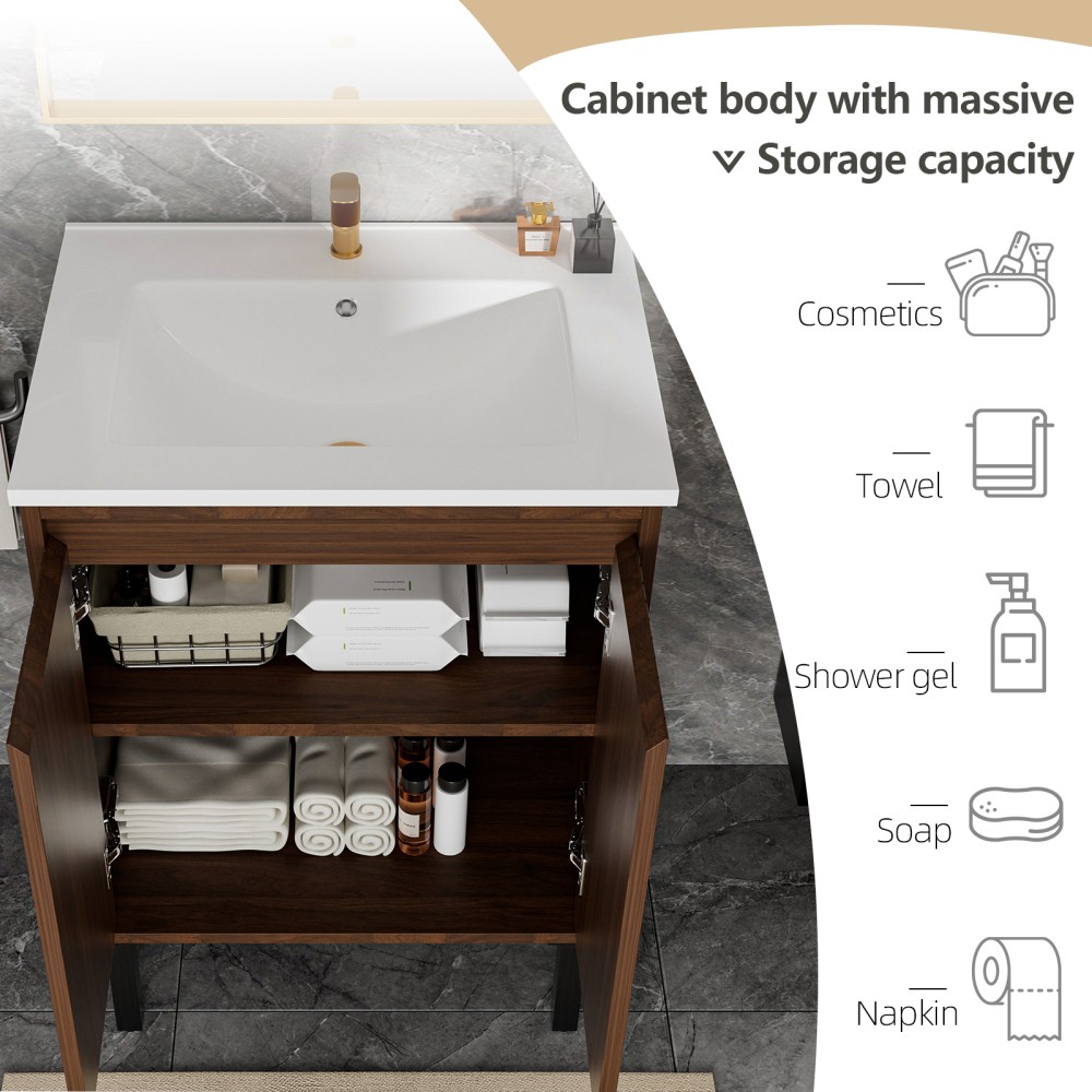 24″ Floor-Standing Bathroom Vanity – White Sink Soft-Closing Drawers Oak Finish