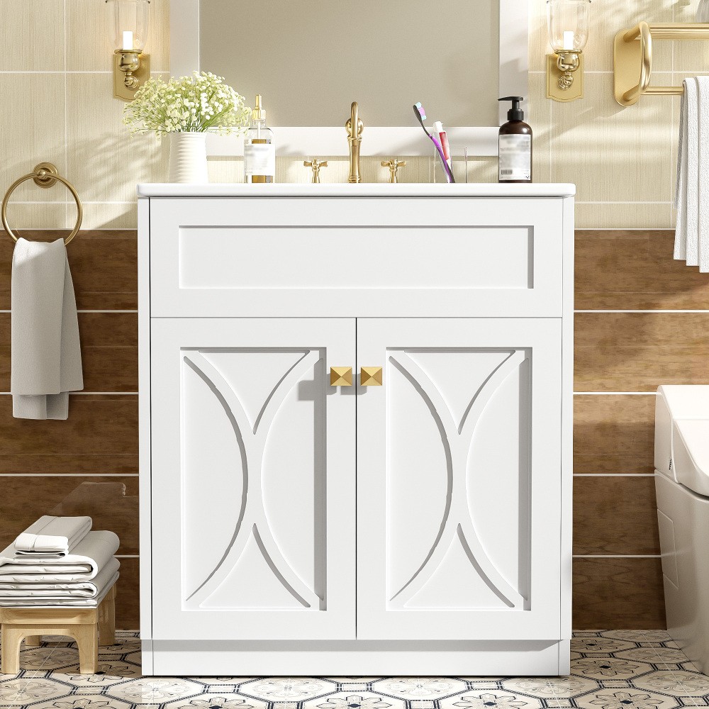 Bathroom Vanity W Ceramic Sink Combo Gold Handles