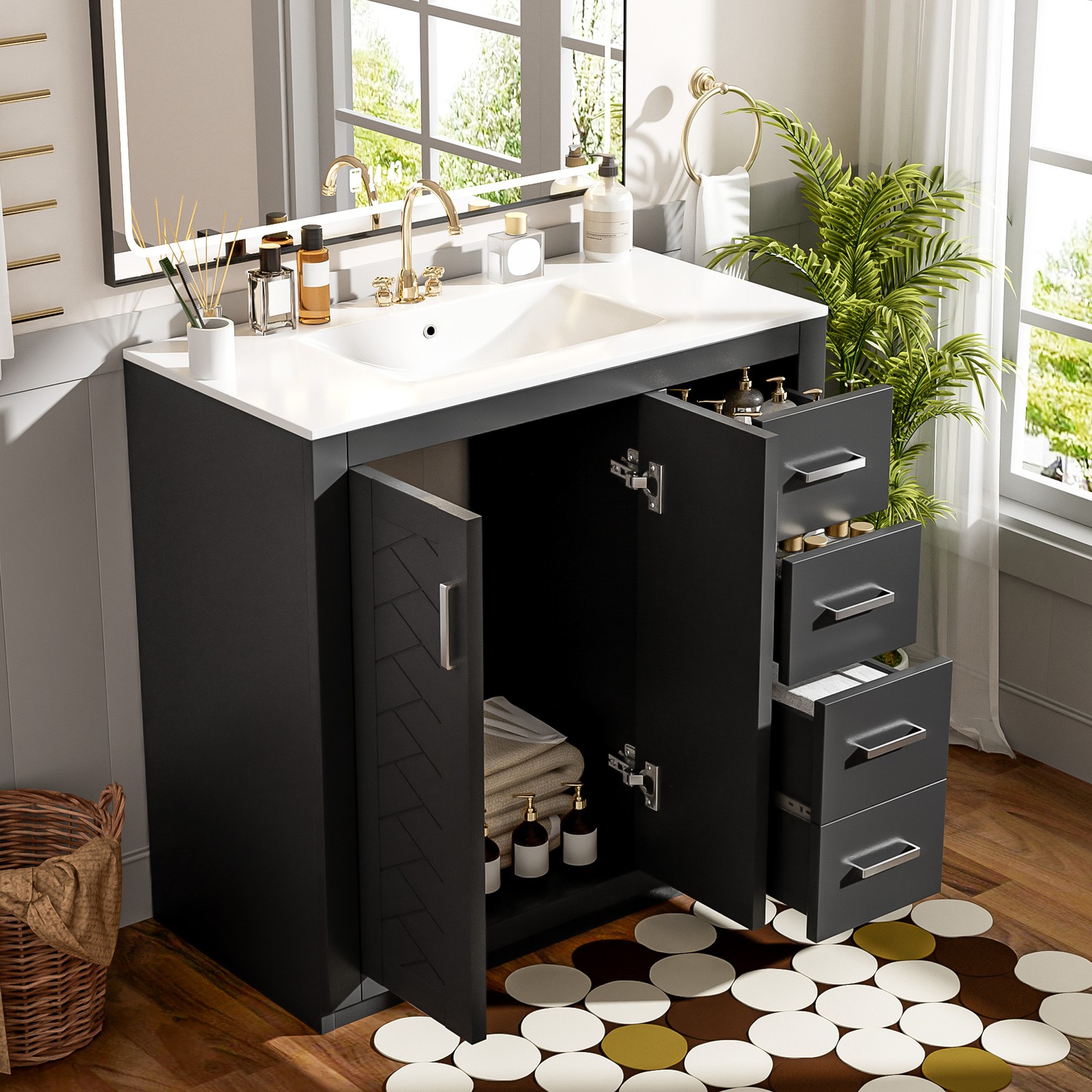 36″ Bathroom Vanity with Ceramic Sink, Solid Wood Frame, 3 Drawers, Black