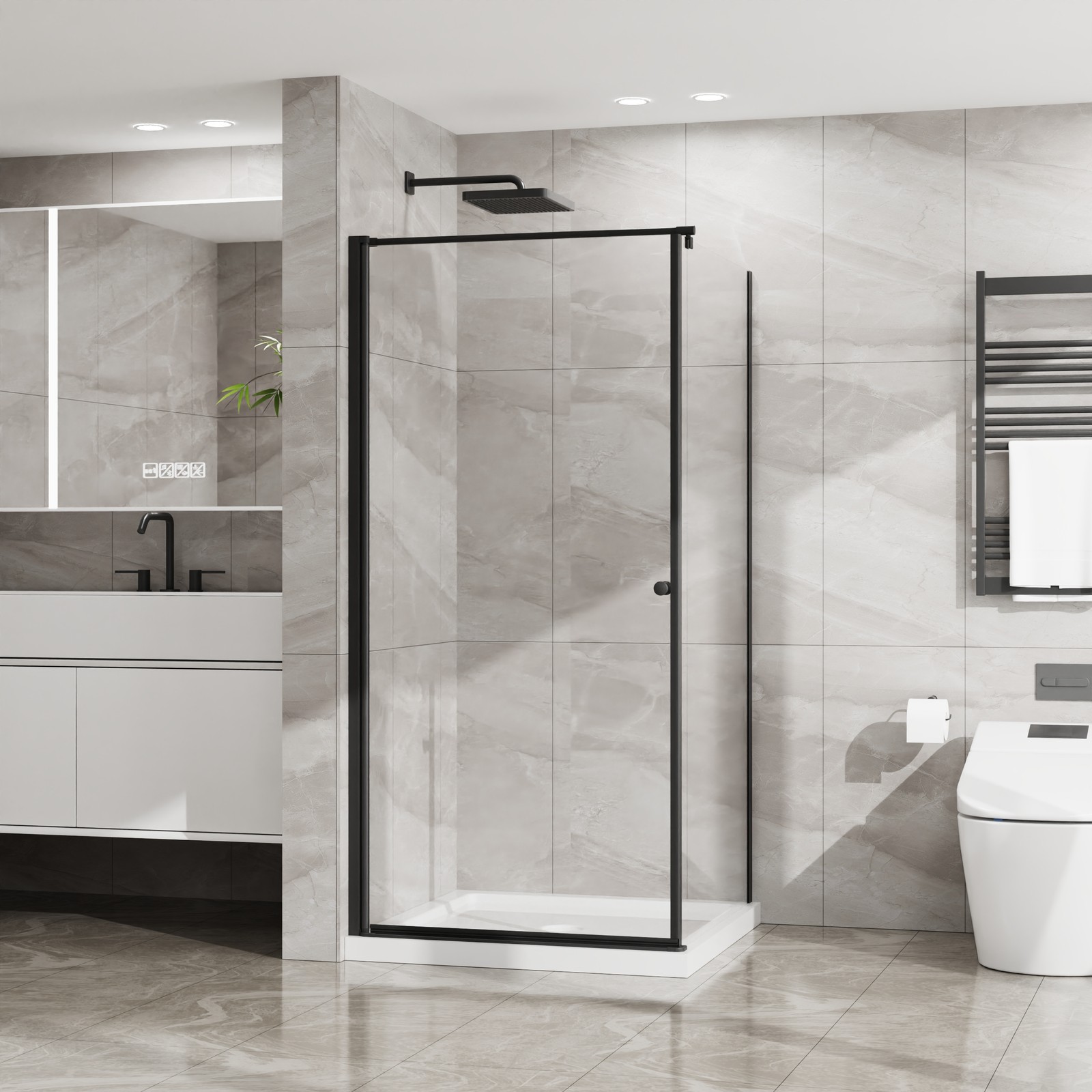 36×36 Frameless Corner Shower Stall W/Base Pivot Door Tempered Glass Matte Black