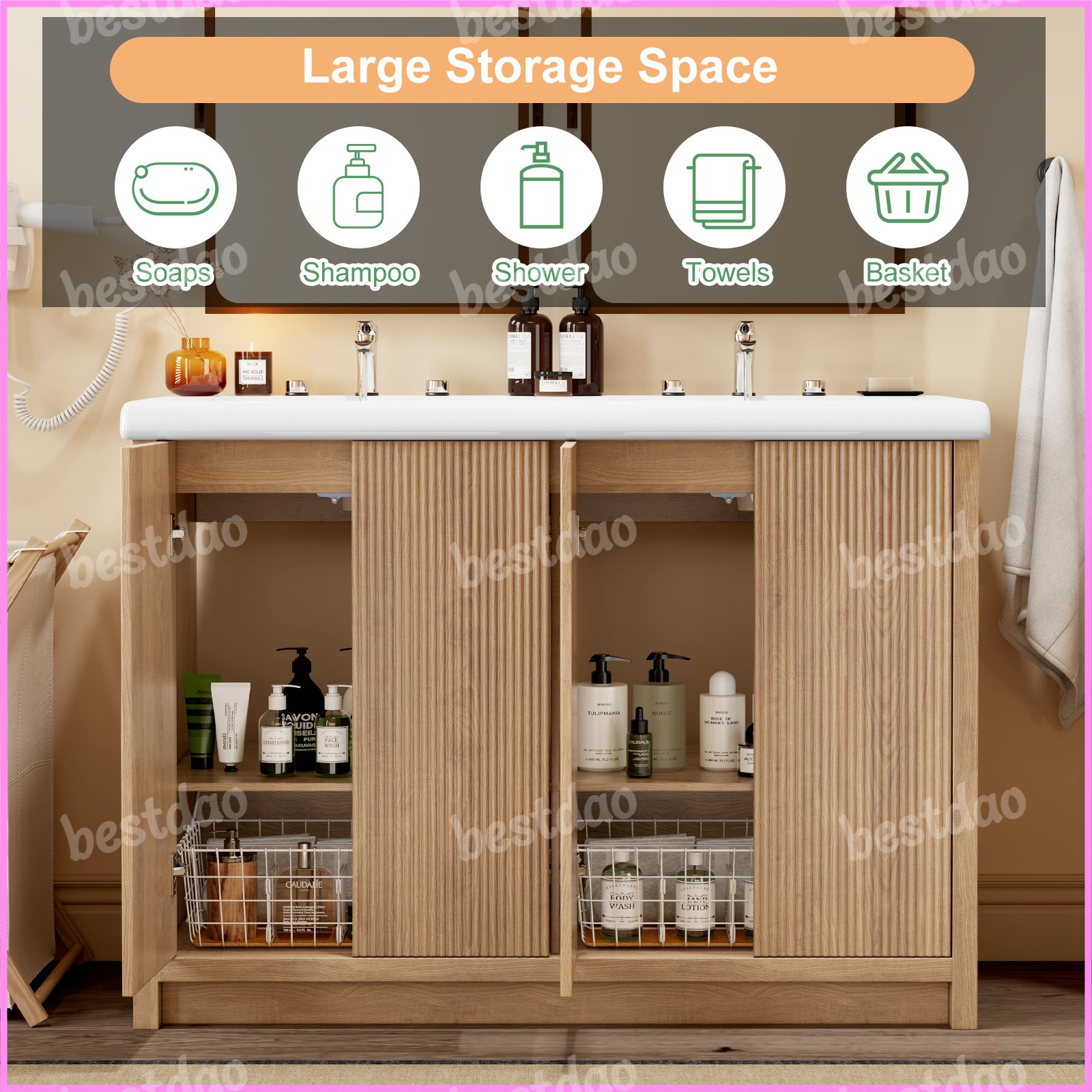 47″ Bathroom Vanity Set Wooden Cabinet with Double Ceramic Drop in Sink Top