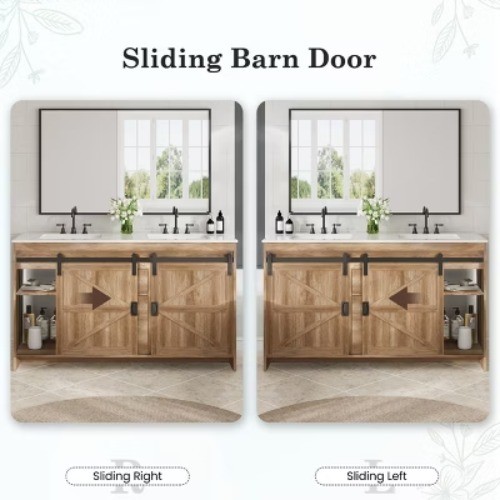 60″ Double Sink Bathroom Vanity, Farmhouse Cabinet With Stone Top Barn Door