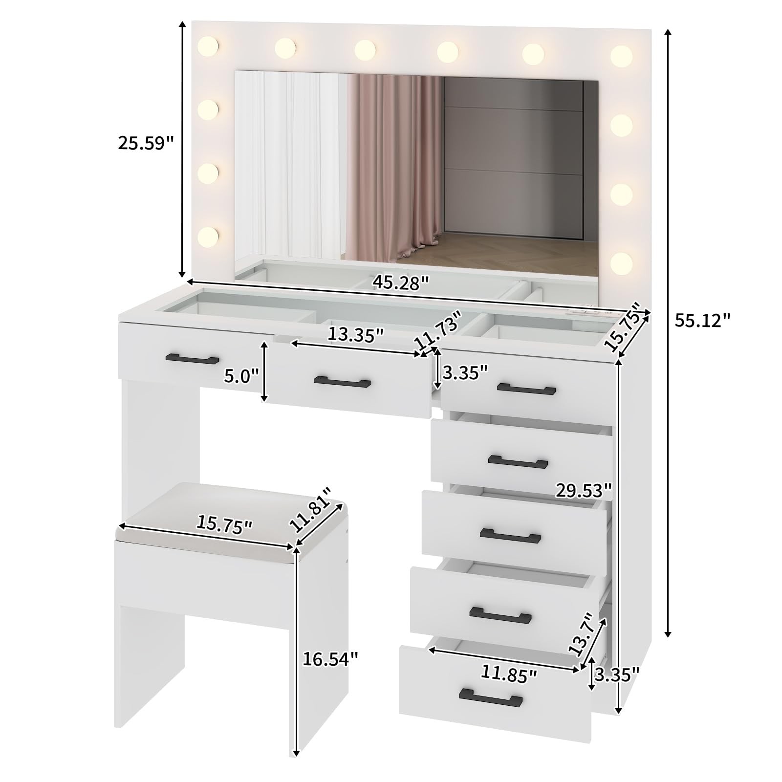Makeup Vanity Desk Mirror Lighted Charging 7 Drawers Stool 3 Colors