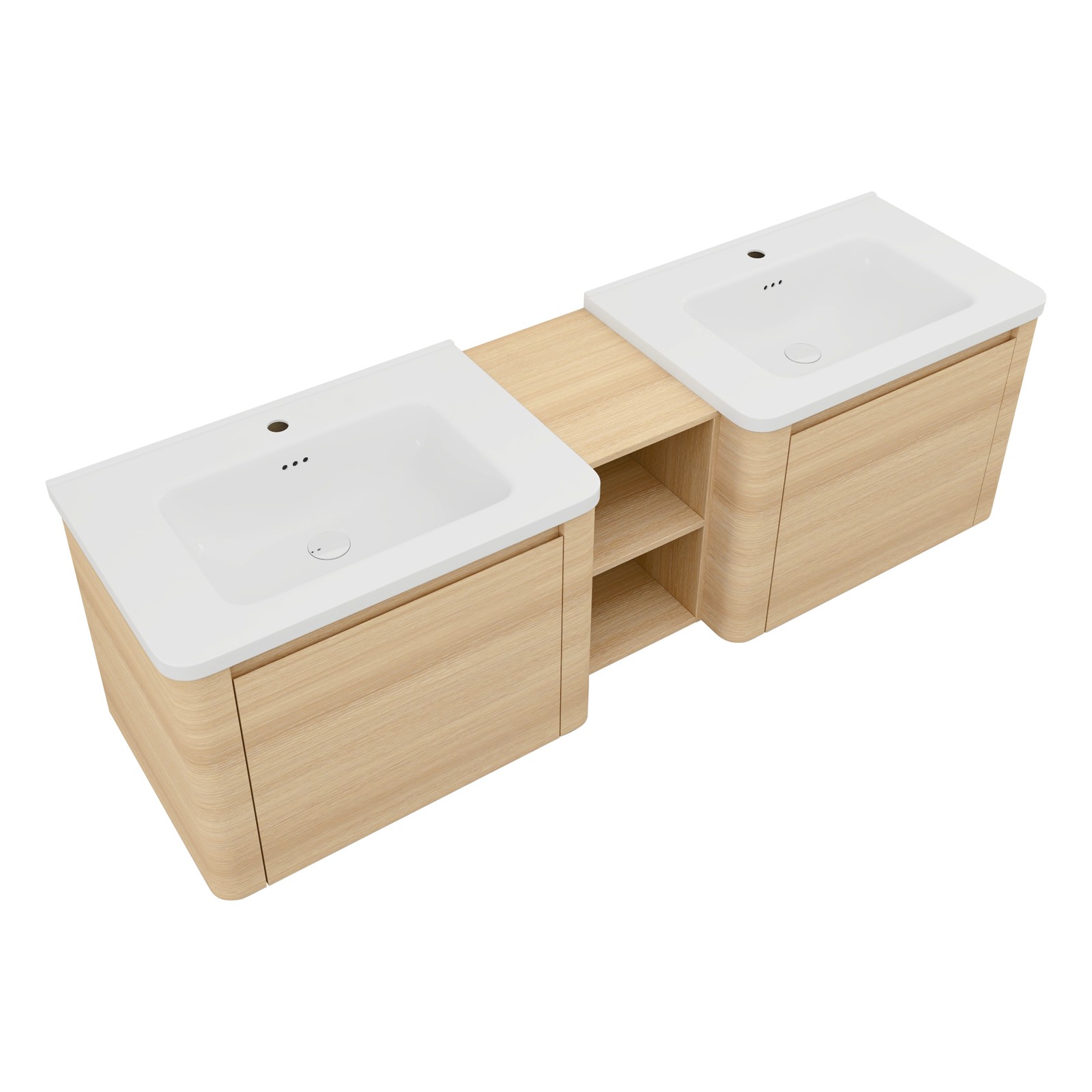 68in Plywood Wall-Mounted Bathroom Vanity W/ 2x White Ceramic Sink and Shelves