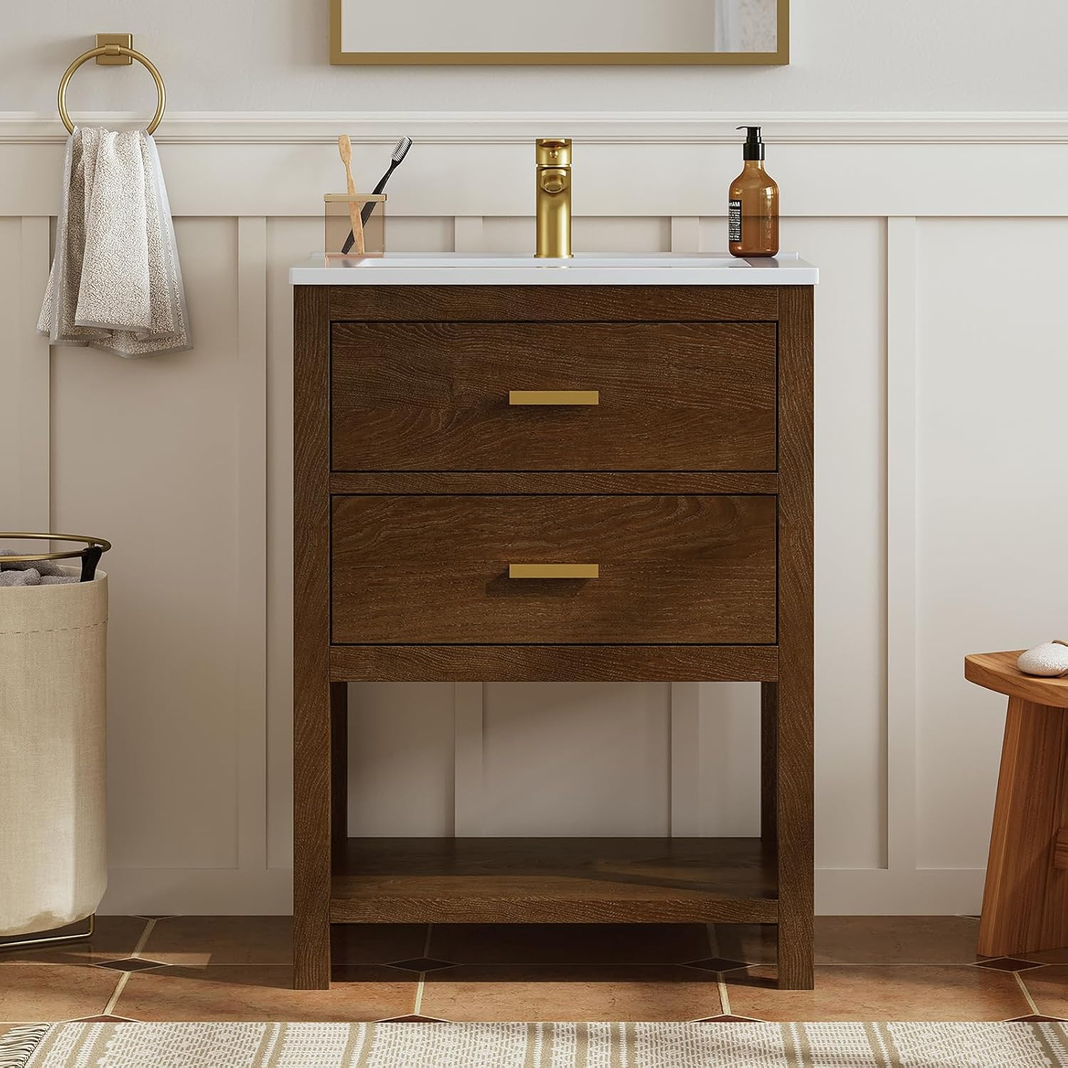 24 Inch Bathroom Vanity with Sink, Farmhouse Storage Cabinet with Drawers & Open
