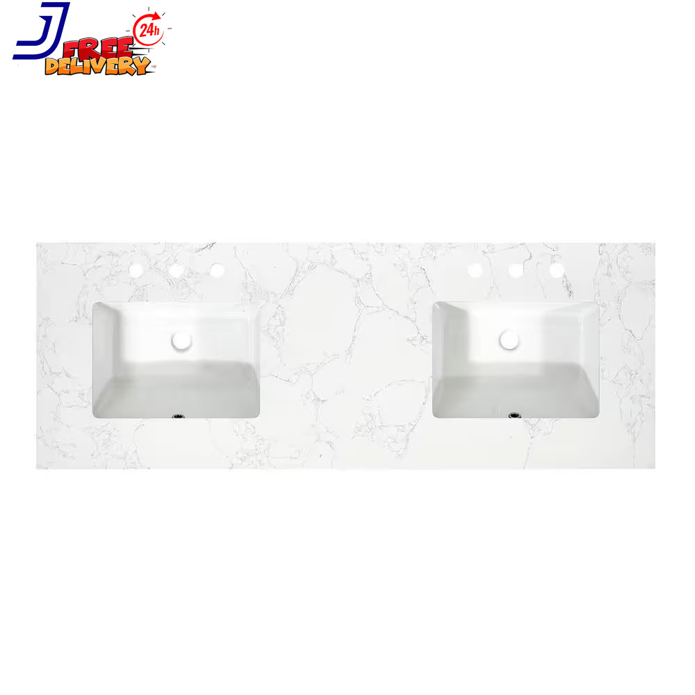 Ceres 61″ Engineered Stone Vanity Top in Grain White with Double White Sinks
