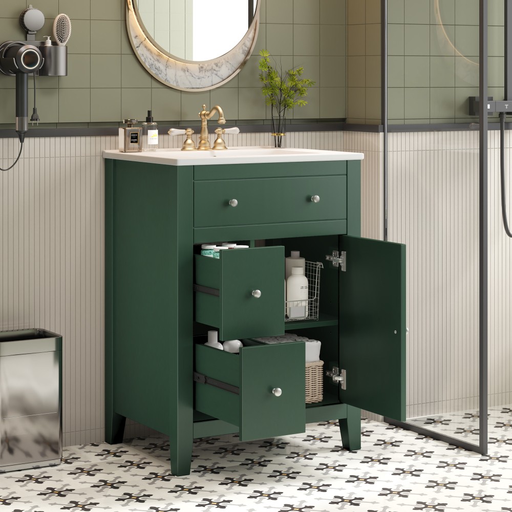 Bathroom Vanity with Ceramic Basin Features Two Drawers and Soft-Close Doors