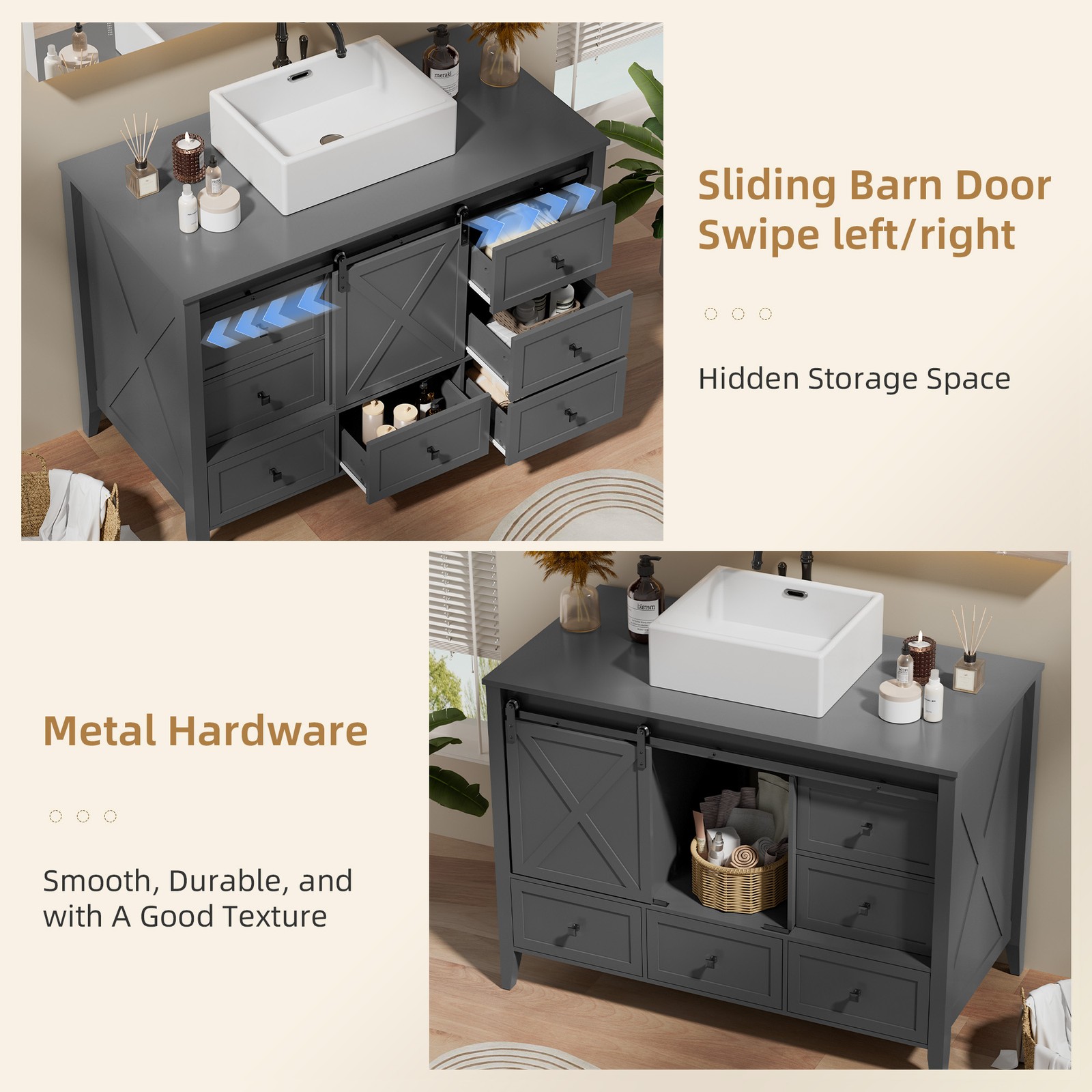 48″ Bathroom Vanity Sink Ceramic Freestanding 7Drawers Space-Saving Cabinet Grey