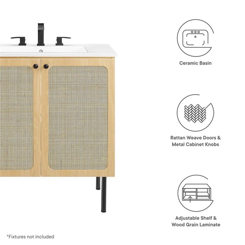 Pemberly Row Contemporary 30″ Wood & Rattan Bathroom Vanity in Oak/White